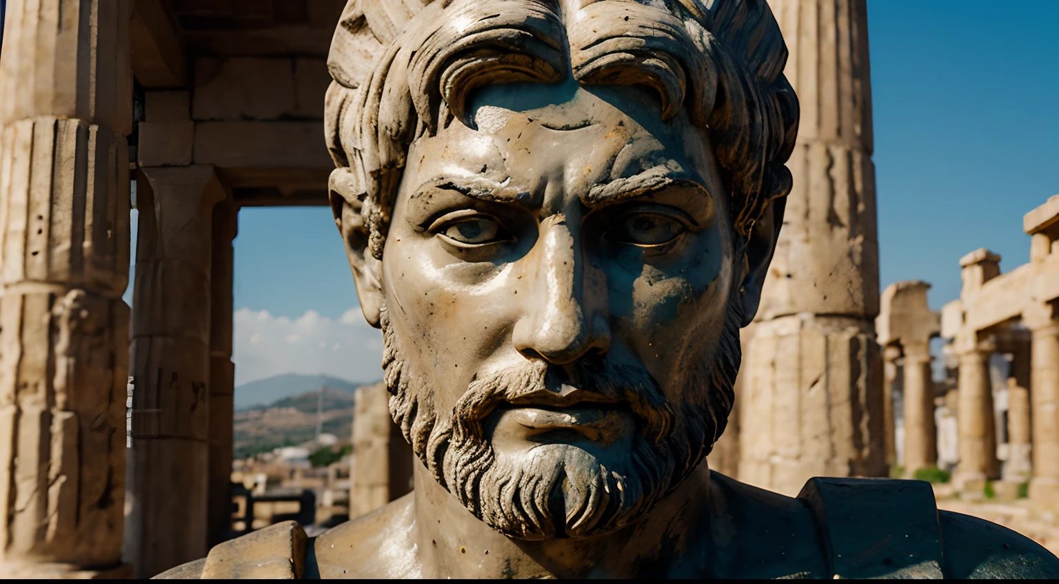 Ancient Stoic Statue With Very Angry Expression, tem barba, muitos detalhes em ambos os olhos, Outside, fundo atenas grego, open sky, com rosto extremamente detalhado full body view, Colors with low saturation with dark tone, Filmado em Sony A7S III com Sony FE 35mm f/1.8, 12.1 MP, --AR 3:2 --estilo cru