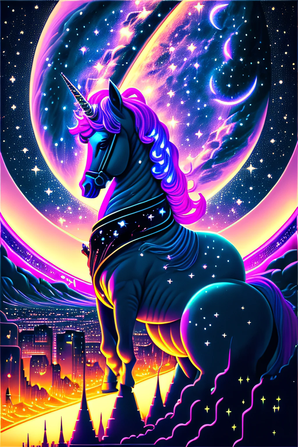 In a "neon-noir" visual theme, a unicorn cosmonaut discovers a magnificent alien city in space with the Milky Way visible, it is very detailed and textured and spiralling