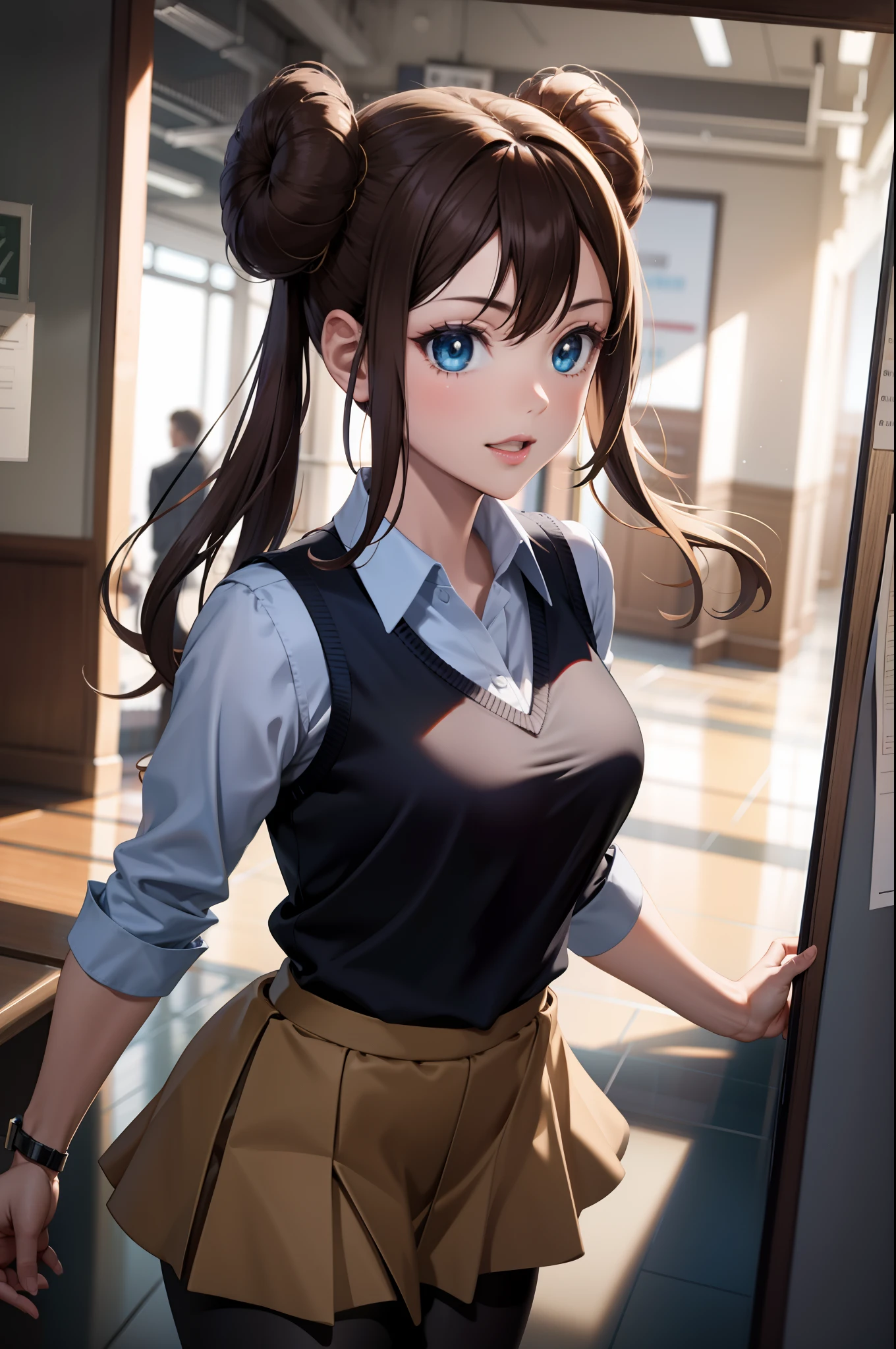 perfect eyes:1.2, detailed eyes:1.4, ro1, hair bun, smile, collared shirt, black vest, sleeves rolled up, yellow skirt, school uniform, (black sweater:1.1), black leggings, blue eyes, twintails, long hair, pantyhose, school, 1girl, solo, (masterpiece:1.6, best quality), 8k, insane details, intricate details, hyperdetailed, hyper quality, high detail, ultra detailed, professional, HDR, ray tracing reflection, cinematic lighting,