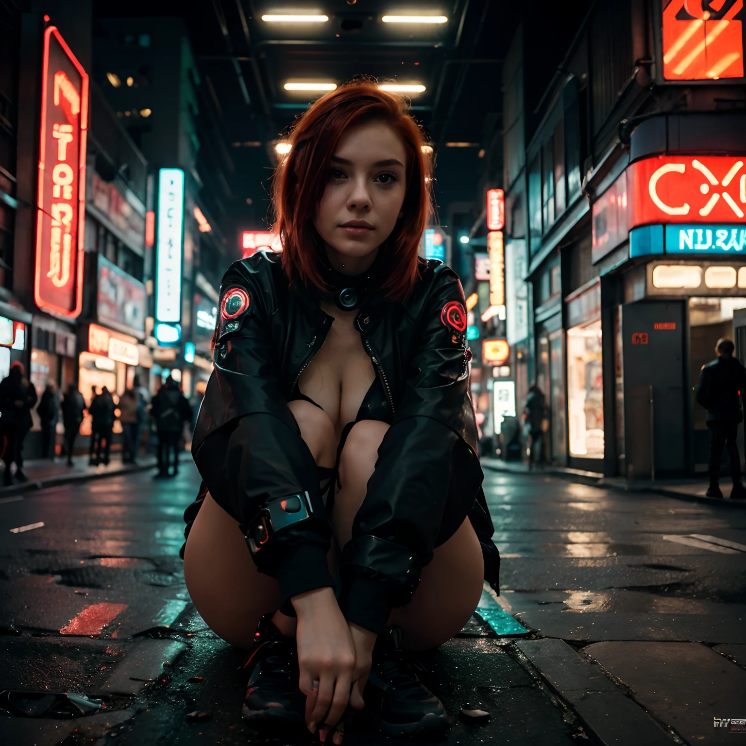 1girl, neon lighting, (red hair:1.1), futuristic background, hyperrealistic, cute pose, sitting on the street, hands between the legs, full body shot, (cyberpunk style:1.1), futuristic cyber City