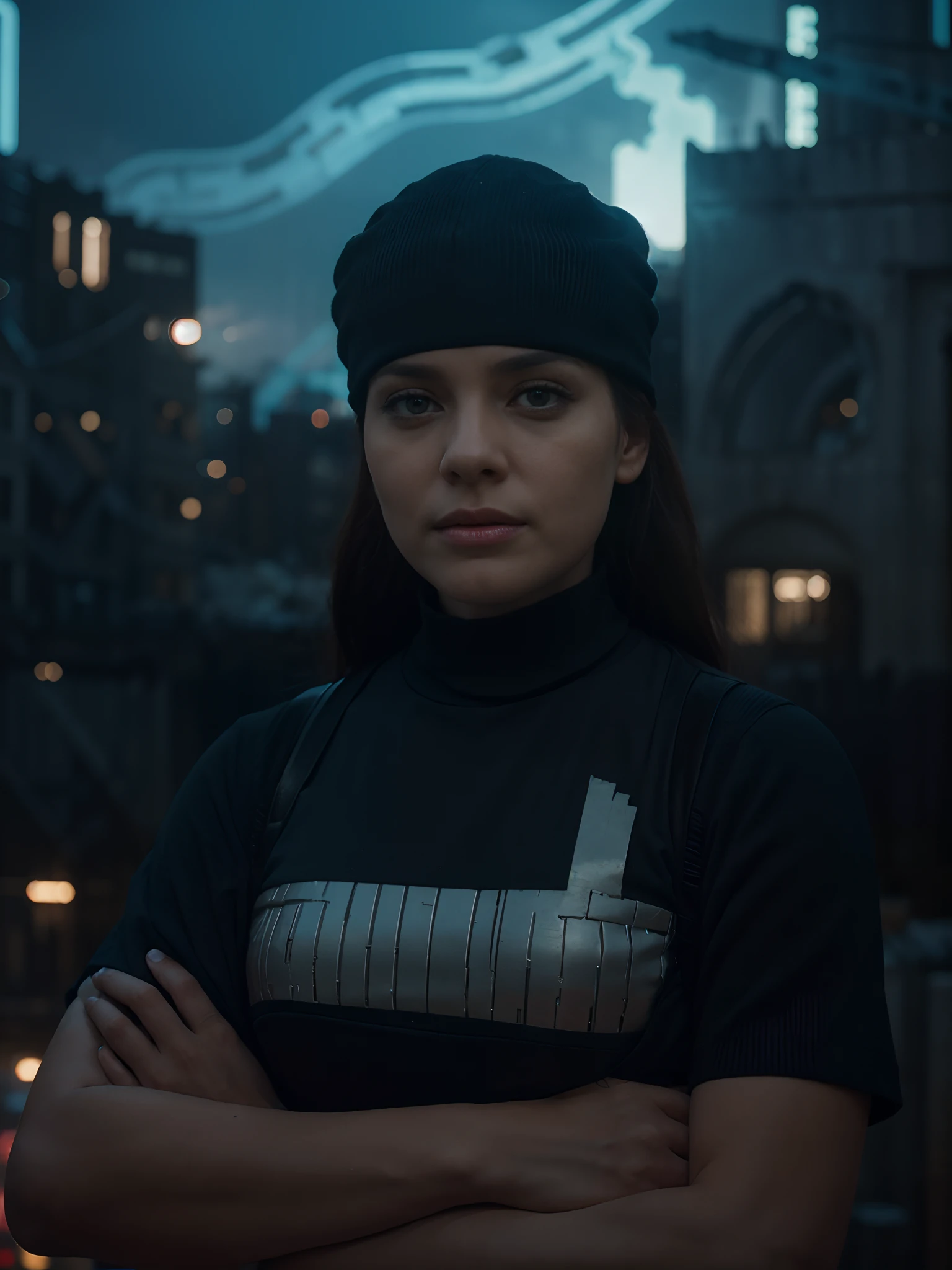 Dystopian City: Take background a photo of a cityscape and transform it into a dystopian future by adding ruined buildin, fully realistic, do not change in face and body, dress change in futuristic dress, beautifully combination all the details, 8k resolution