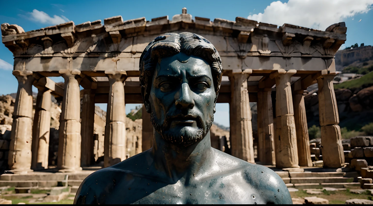 Ancient Stoic Statue With Very Angry Expression, tem barba, muitos detalhes em ambos os olhos, Outside, fundo atenas grego, open sky, com rosto extremamente detalhado full body view, Colors with low saturation with dark tone, Filmado em Sony A7S III com Sony FE 35mm f/1.8, 12.1 MP, --AR 3:2 --estilo cru