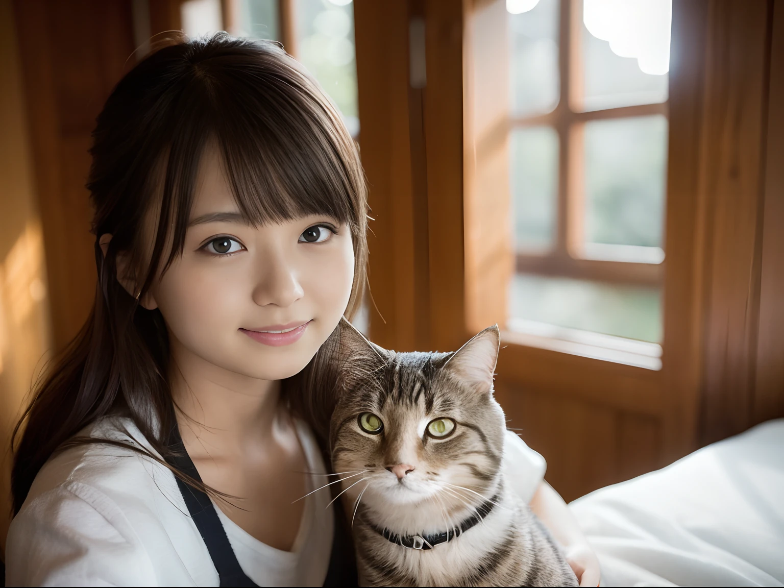  girl and cat, Daylight outside the window、Happy smile、Best Quality,masutepiece,hight resolution,Beautiful eyes,Detailed background,[Backlighting],(Face lighting),[Close View:0.8],(8K、Raw photography、top-quality、​masterpiece:1.2)、(realisitic、Photorealsitic:1.37)、ultra-detailliert、profetional lighting、Sony A7R4、Zessie 50mm f1.8、Rembrandt Lighting（Rembrandt lighting）