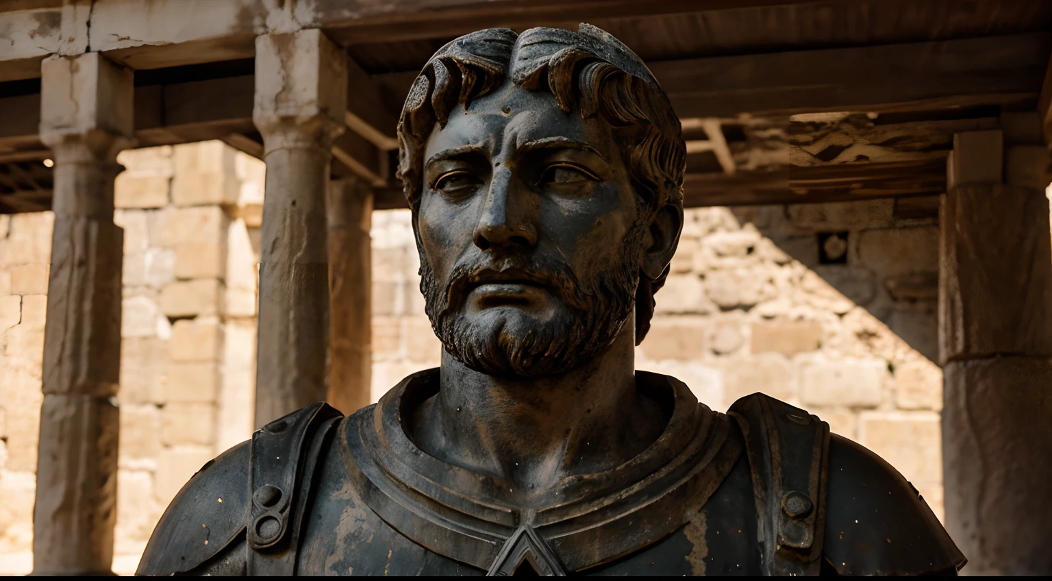 Ancient Stoic Statue With Very Angry Expression, tem barba, muitos detalhes em ambos os olhos, Outside, fundo atenas grego, open sky, com rosto extremamente detalhado full body view, Colors with low saturation with dark tone, Filmado em Sony A7S III com Sony FE 35mm f/1.8, 12.1 MP, --AR 3:2 --estilo cru