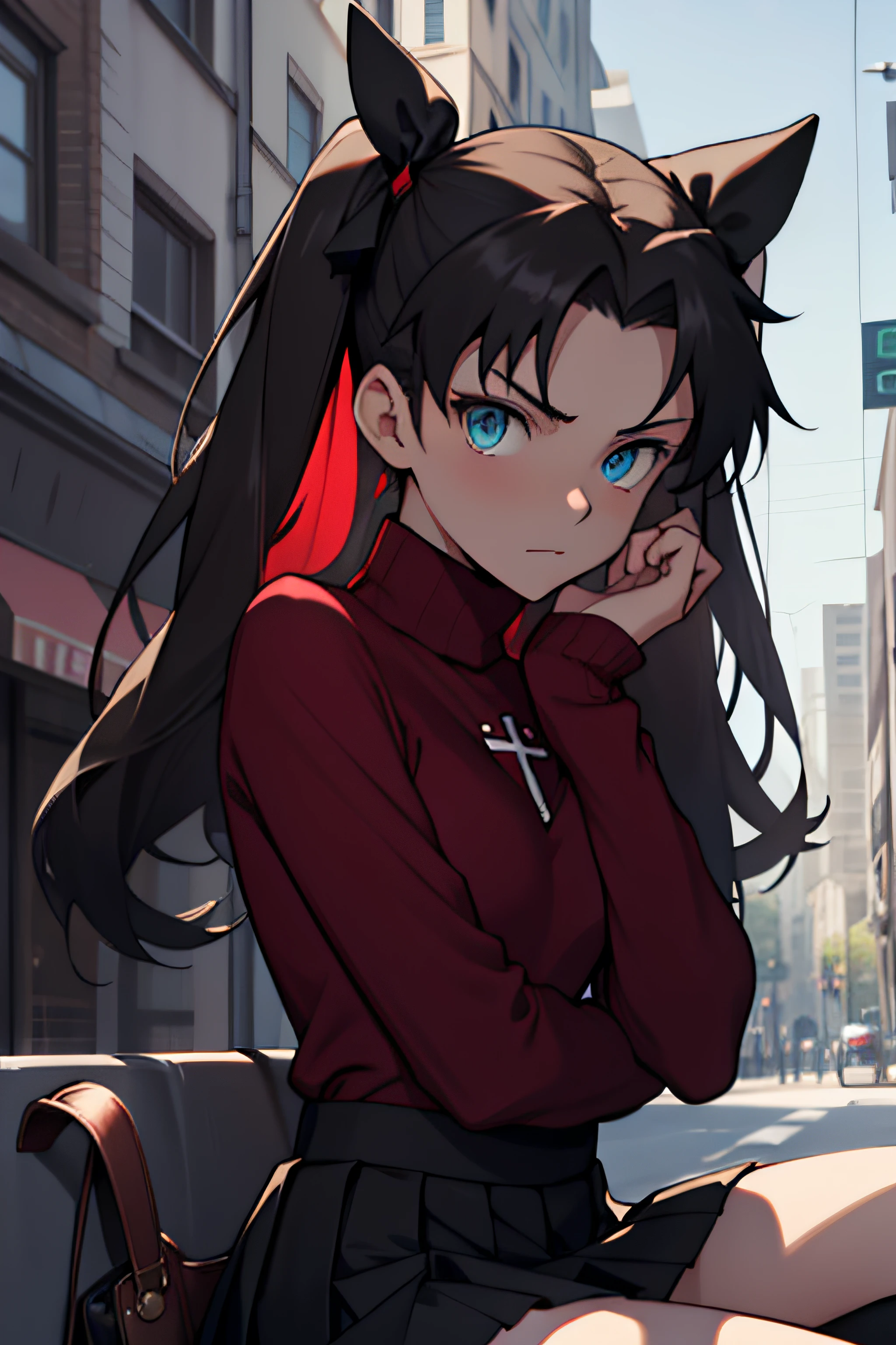 (masterpiece), best quality, expressive eyes, perfect face, 1girl, solo, rintohsaka, rin tohsaka, aqua eyes, black hair, hair ribbon, long hair, ribbon, sidelocks, two side up, black skirt, black thighhighs, long sleeves, miniskirt, pleated skirt, ((red sweater)), skirt, sweater, thighhighs, turtleneck, city background, sitting, character sheet, upper body, portrait, looking at viewer