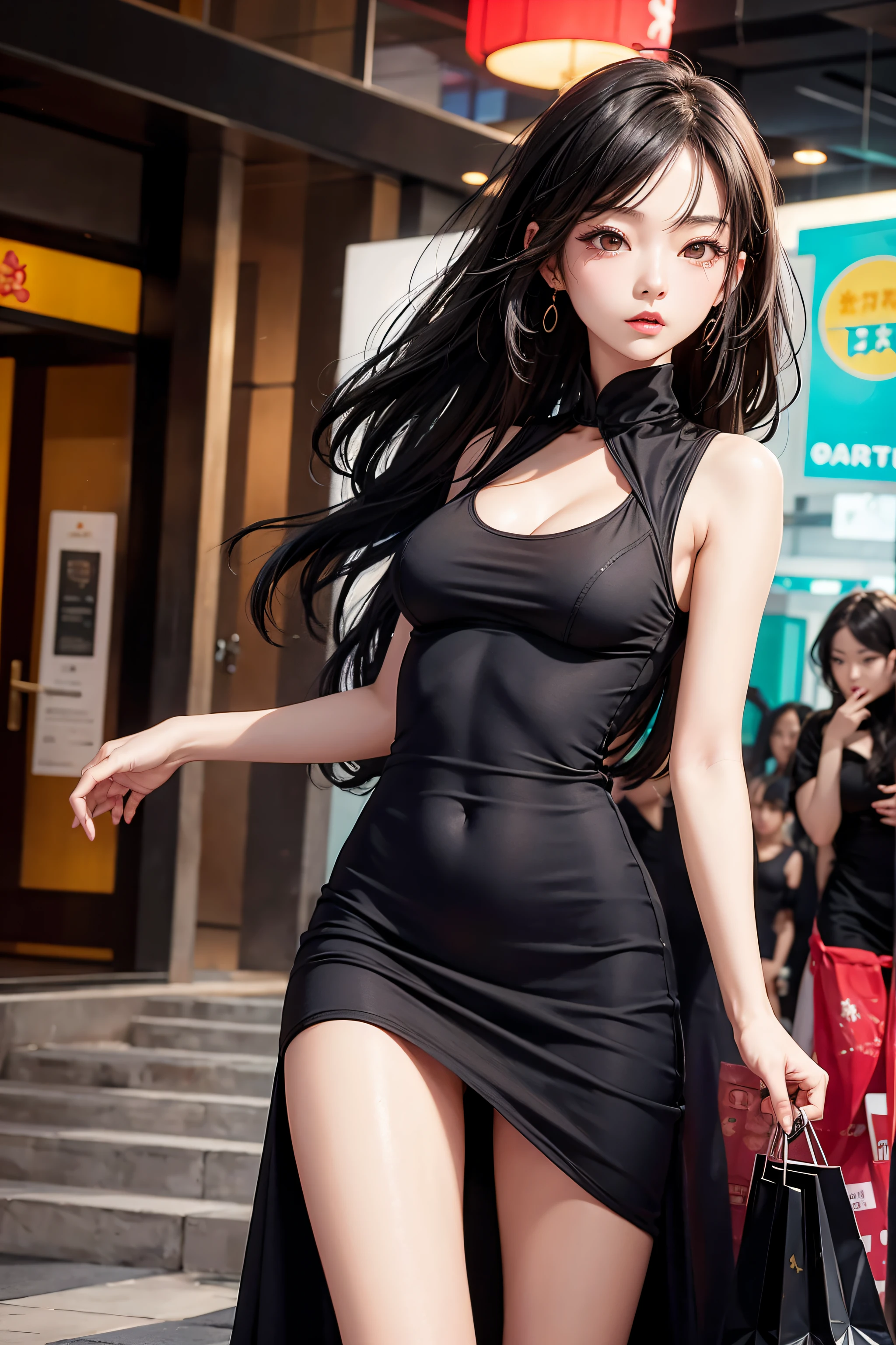 very hot sexy asian girl, half naked, Little black dress with boobs expose, Shopping mall