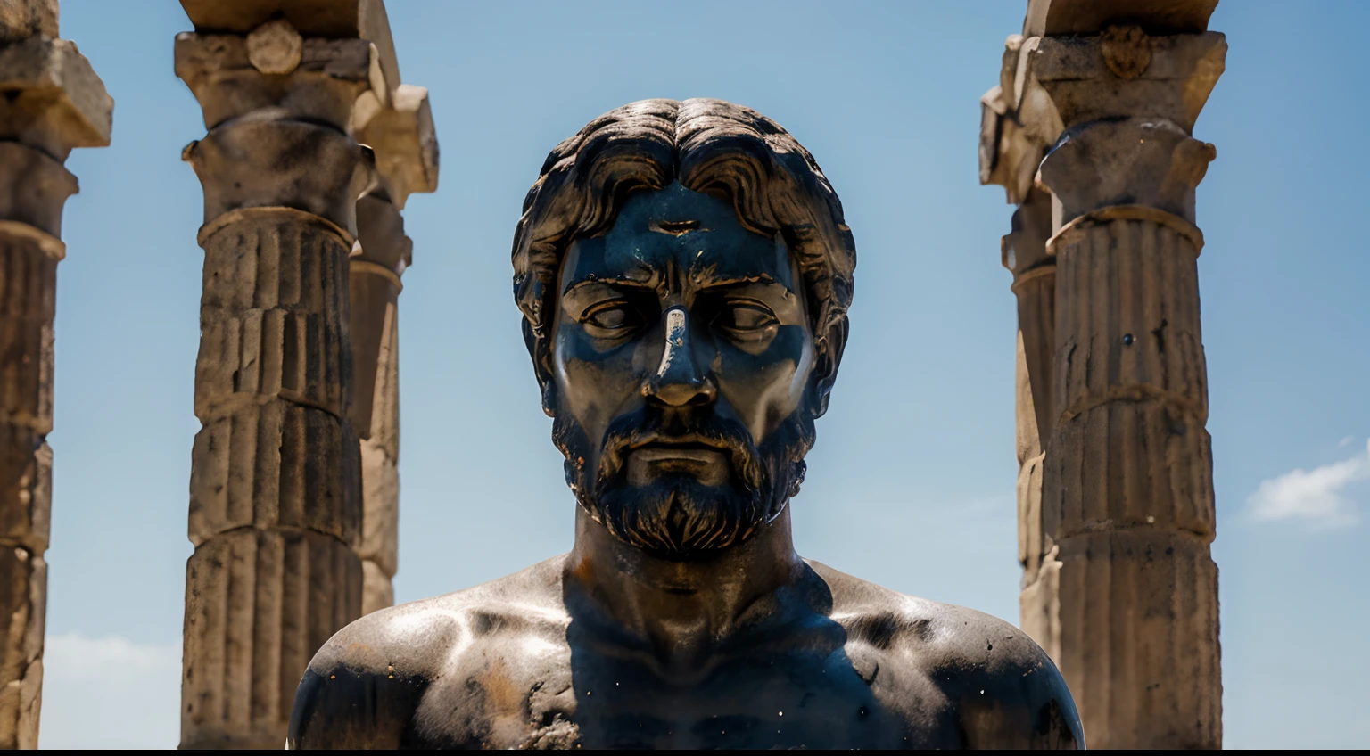 Ancient Stoic Statue With Very Angry Expression, tem barba, muitos detalhes em ambos os olhos, Outside, fundo atenas grego, open sky, com rosto extremamente detalhado full body view, Colors with low saturation with dark tone, Filmado em Sony A7S III com Sony FE 35mm f/1.8, 12.1 MP, --AR 3:2 --estilo cru