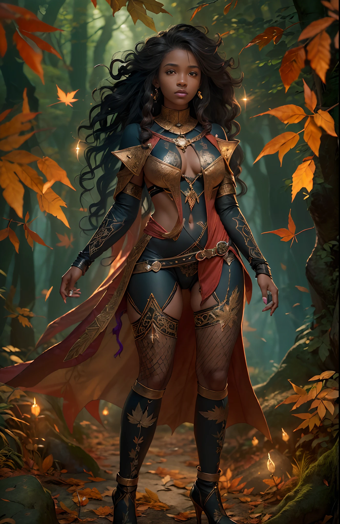 ((16-year-old))) black girl, (((light skin))), druid, magical aura surrounding her, she is in the forest with monsters surrounding her, (((thigh gap))), (((cameltoe))), (((close-up full body pose))), long black wavy hair, high heel boots, (((wearing leaves))), (((Dungeons and Dragons style art))), fantasy art, Rich, Deep Colours, (intricate details:0.9), (HDR, hyper-detailing:1.2), (natural skin textures, hyper realisitc, soft light, Sharp),