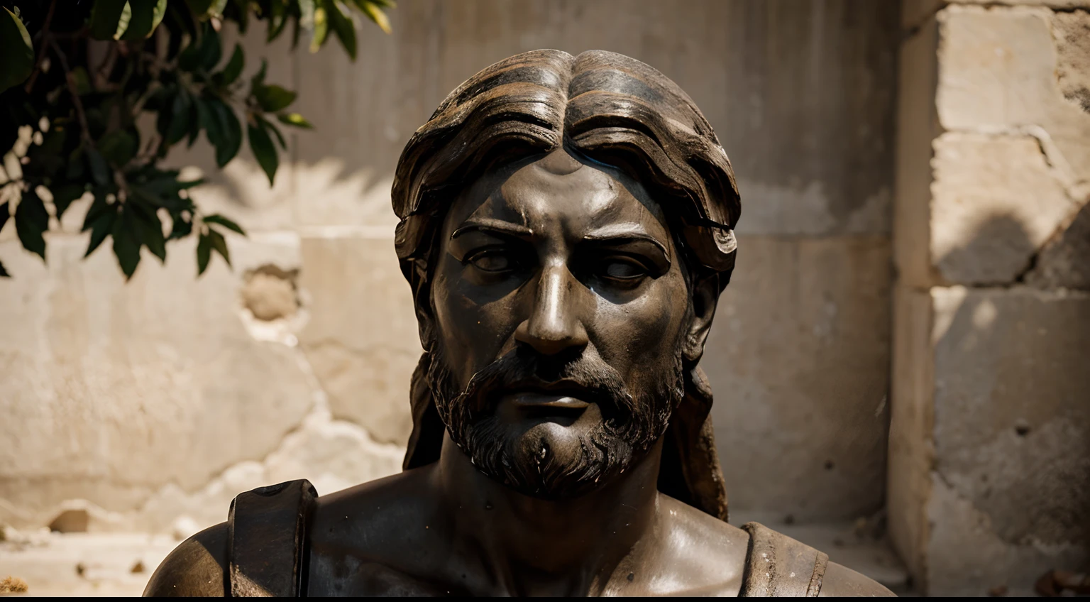 Ancient Stoic Statue With Very Angry Expression, tem barba, muitos detalhes em ambos os olhos, Outside, fundo atenas grego, open sky, com rosto extremamente detalhado full body view, Colors with low saturation with dark tone, Filmado em Sony A7S III com Sony FE 35mm f/1.8, 12.1 MP, --AR 3:2 --estilo cru
