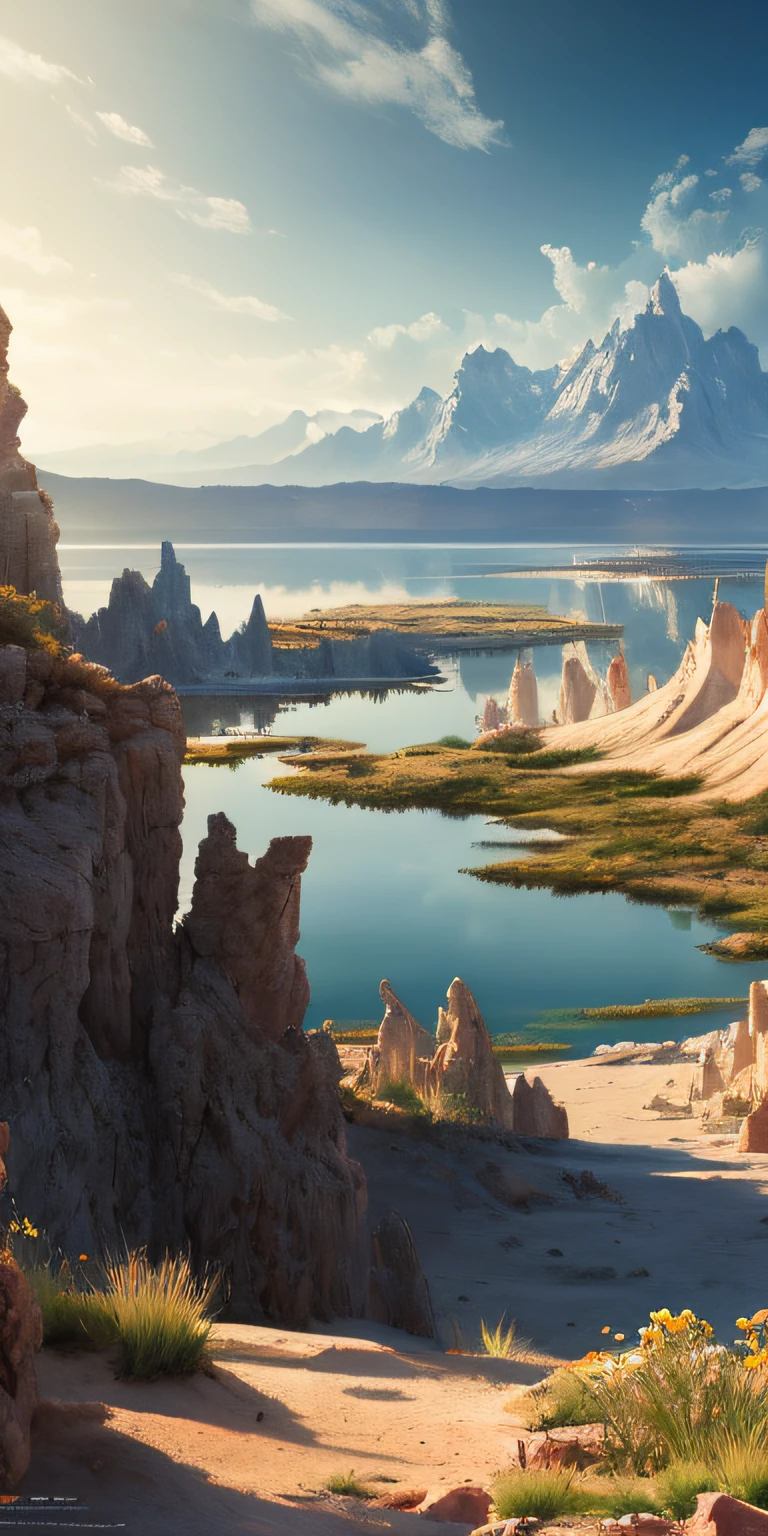 Masterpiece, Best quality, High quality, Extremely detailed Cg Unity 8K wallpaper,Flowering landscape ,A dry place like an empty desert,Dearest,Foxy,Mono Lake,hackberry,3D Digital Paintings,award winning photography, Bokeh, Depth of field, hdr, full bloom, color difference ,Photorealistic,Extremely detailed, trending on artstationh, trending on CGSociety, Intricate, High detail, Dramatic, art by midjourney