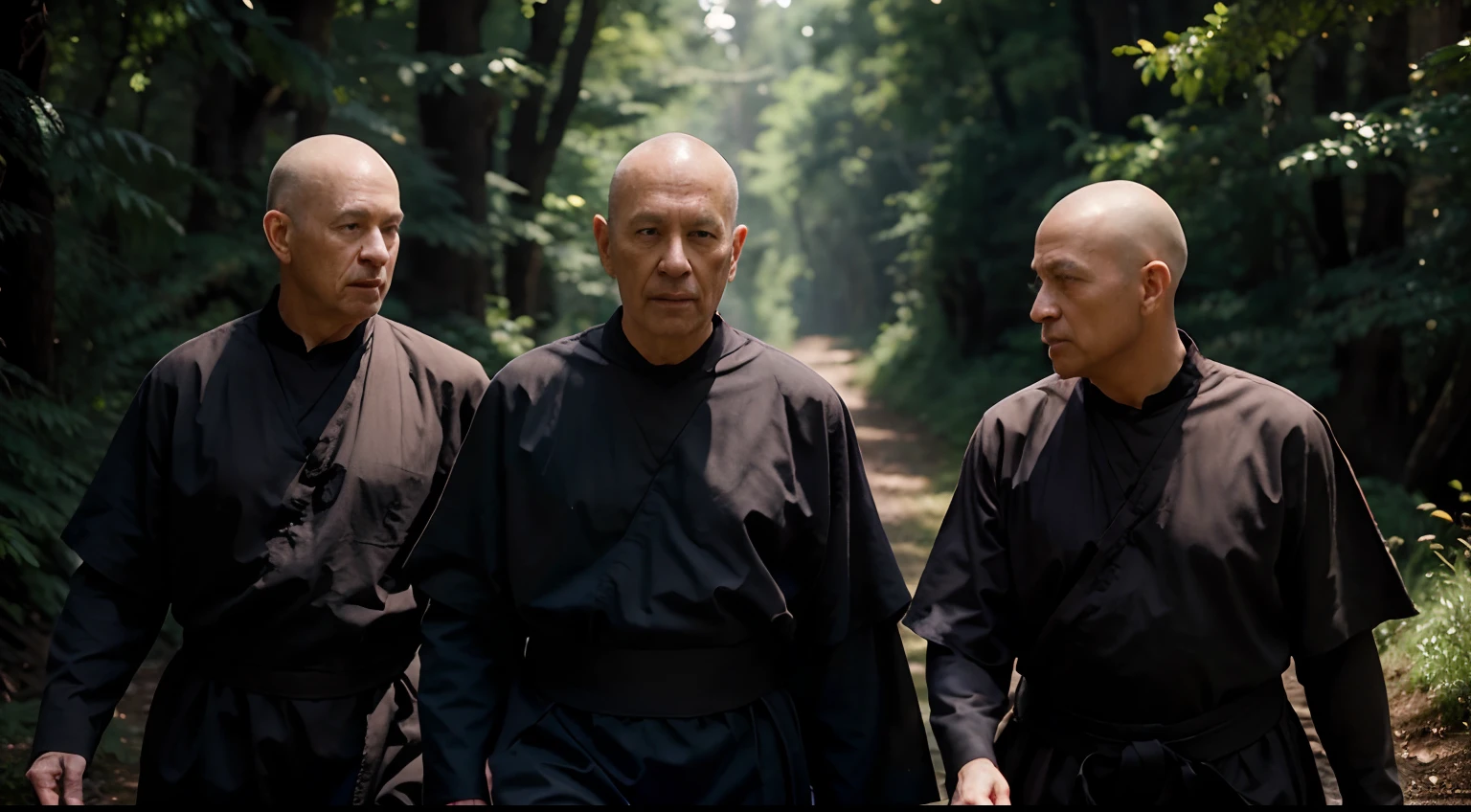 Three elderly monks walking through the forest, 8k, photorealistic, cinematic, realistic, cinematic perfect light, excellent quality, highly detailed