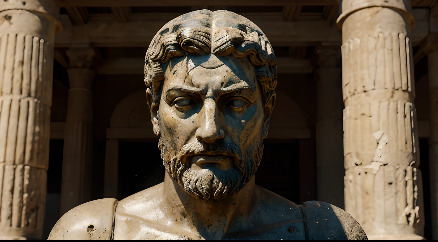 Ancient Stoic Statue With Very Angry Expression, tem barba, muitos detalhes em ambos os olhos, Outside, fundo atenas grego, open sky, com rosto extremamente detalhado full body view, Colors with low saturation with dark tone, Filmado em Sony A7S III com Sony FE 35mm f/1.8, 12.1 MP, --AR 3:2 --estilo cru