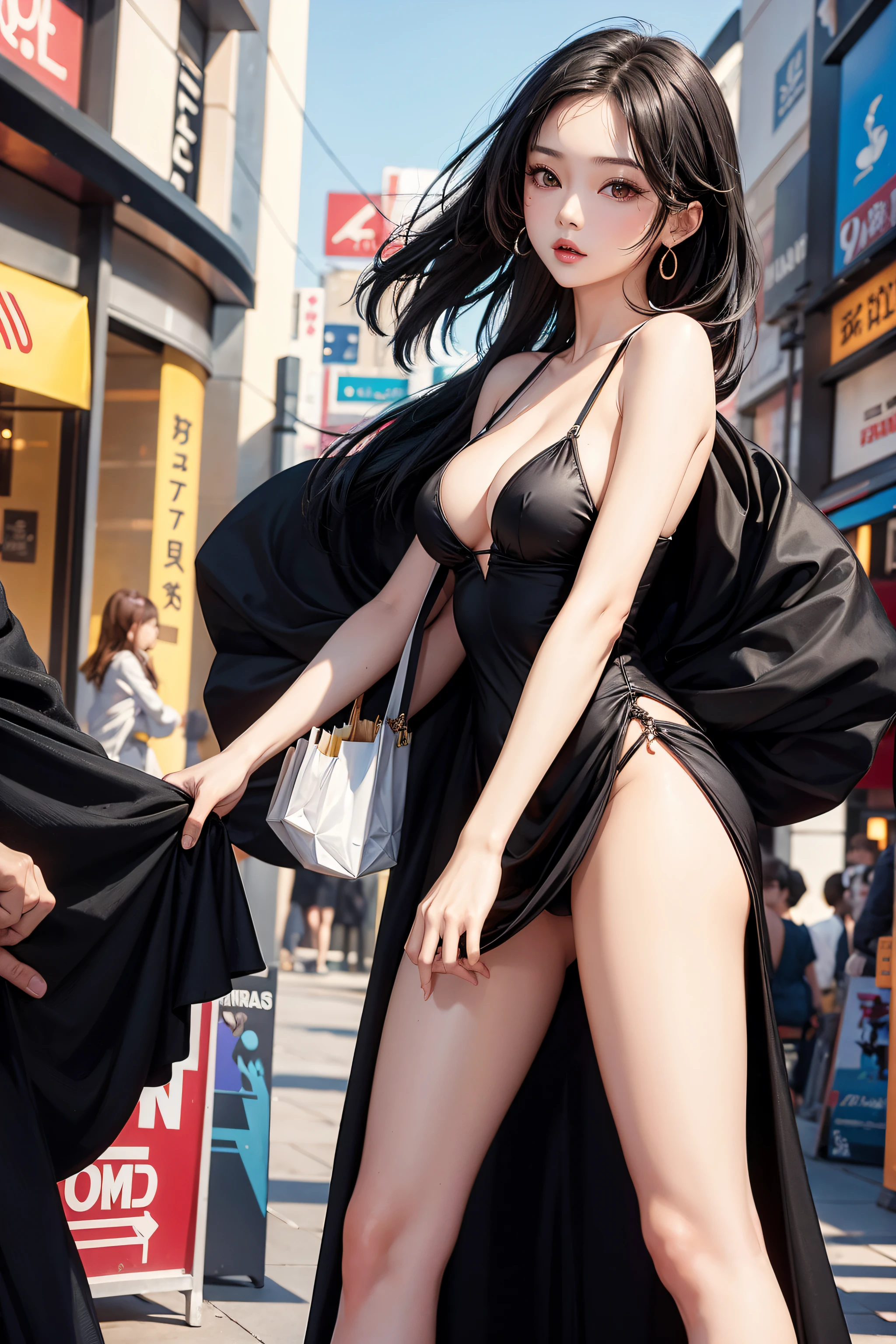very hot sexy asian girl, half naked boobs expose, Little black dress, Shopping mall, vibrant