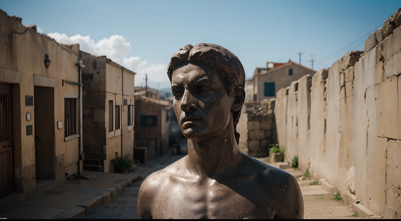 Ancient Stoic Statue With Very Angry Expression, tem barba, muitos detalhes em ambos os olhos, Outside, fundo atenas grego, open sky, com rosto extremamente detalhado full body view, Colors with low saturation with dark tone, Filmado em Sony A7S III com Sony FE 35mm f/1.8, 12.1 MP, --AR 3:2 --estilo cru