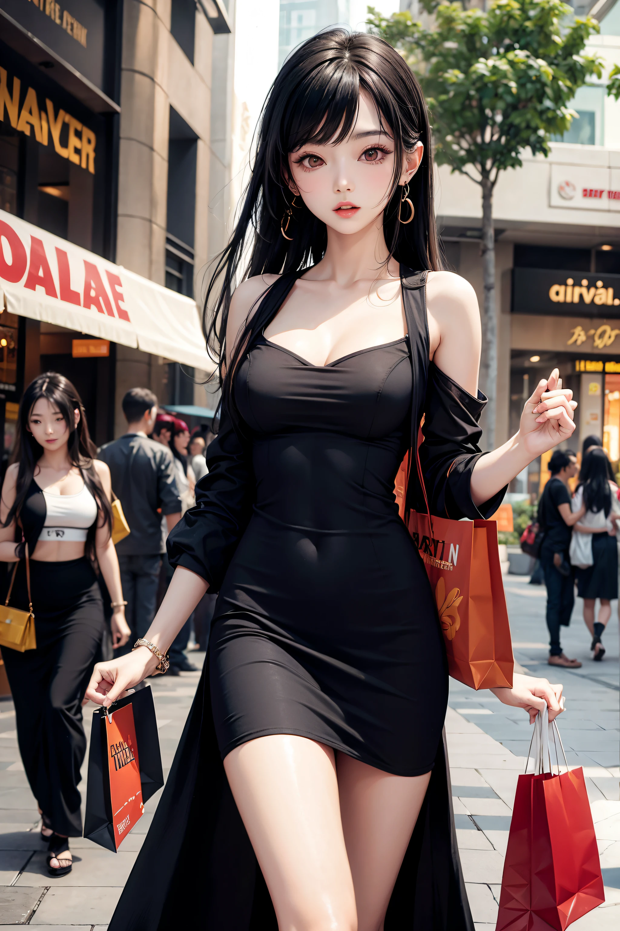very hot sexy middle east girl girl, half naked boobs expose, Little black dress, Shopping mall, vibrant