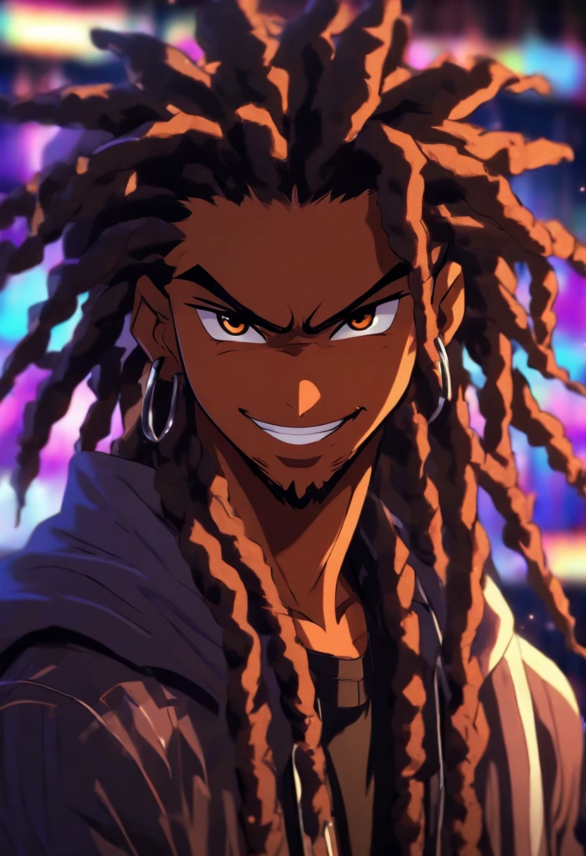 mixed raced man standing in a music studio, friendly smile, brown eyes, wearing black, long black locs, high resolution