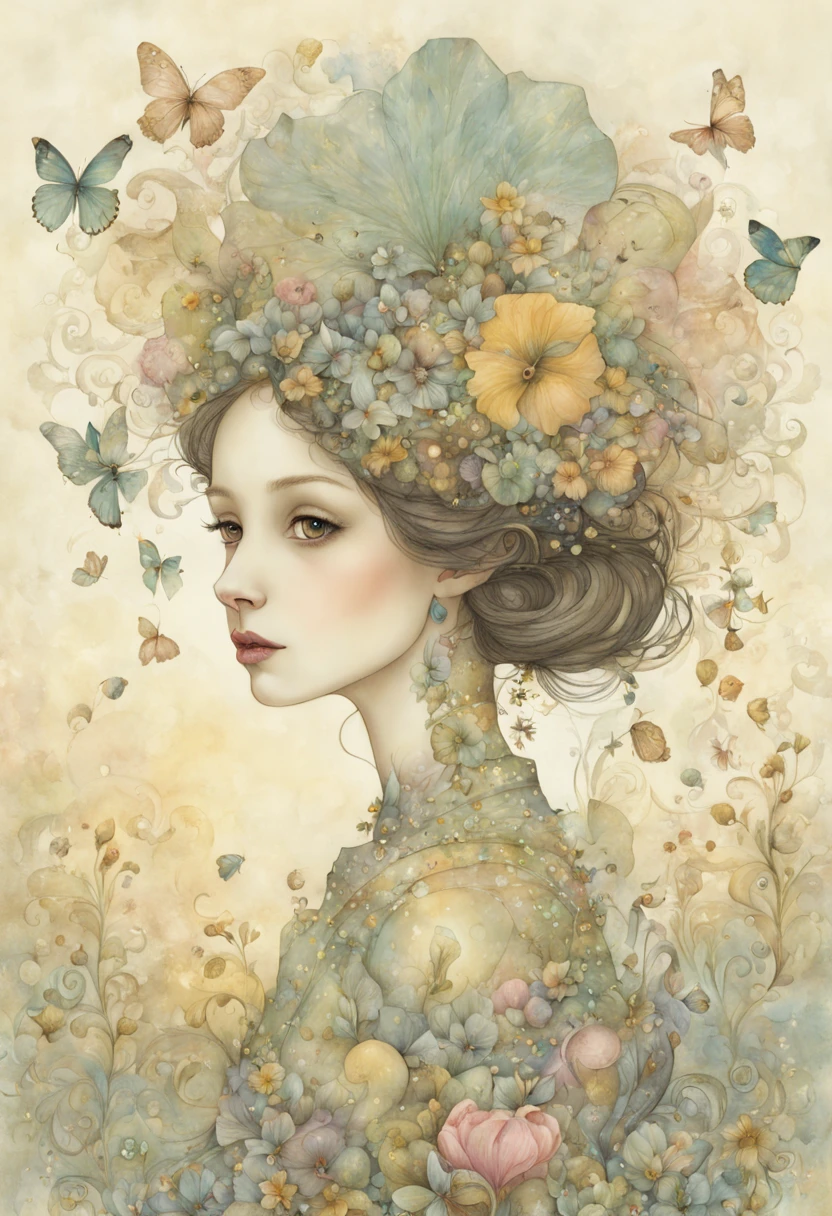 "magical whimsical illustration of a hand painted illustration of a sympahatetic character in the world of tomorrows futures past, ETHEREAL PASTEL COLOURS, high resolution, fine detailed textures in the mix style of Jane Crowther - BAHMAN - Iris Esther"