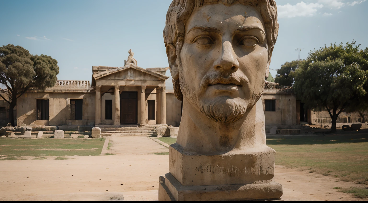 Ancient Stoic Statue With Very Angry Expression, tem barba, muitos detalhes em ambos os olhos, Outside, fundo atenas grego, open sky, com rosto extremamente detalhado full body view, Colors with low saturation with dark tone, Filmado em Sony A7S III com Sony FE 35mm f/1.8, 12.1 MP, --AR 3:2 --estilo cru