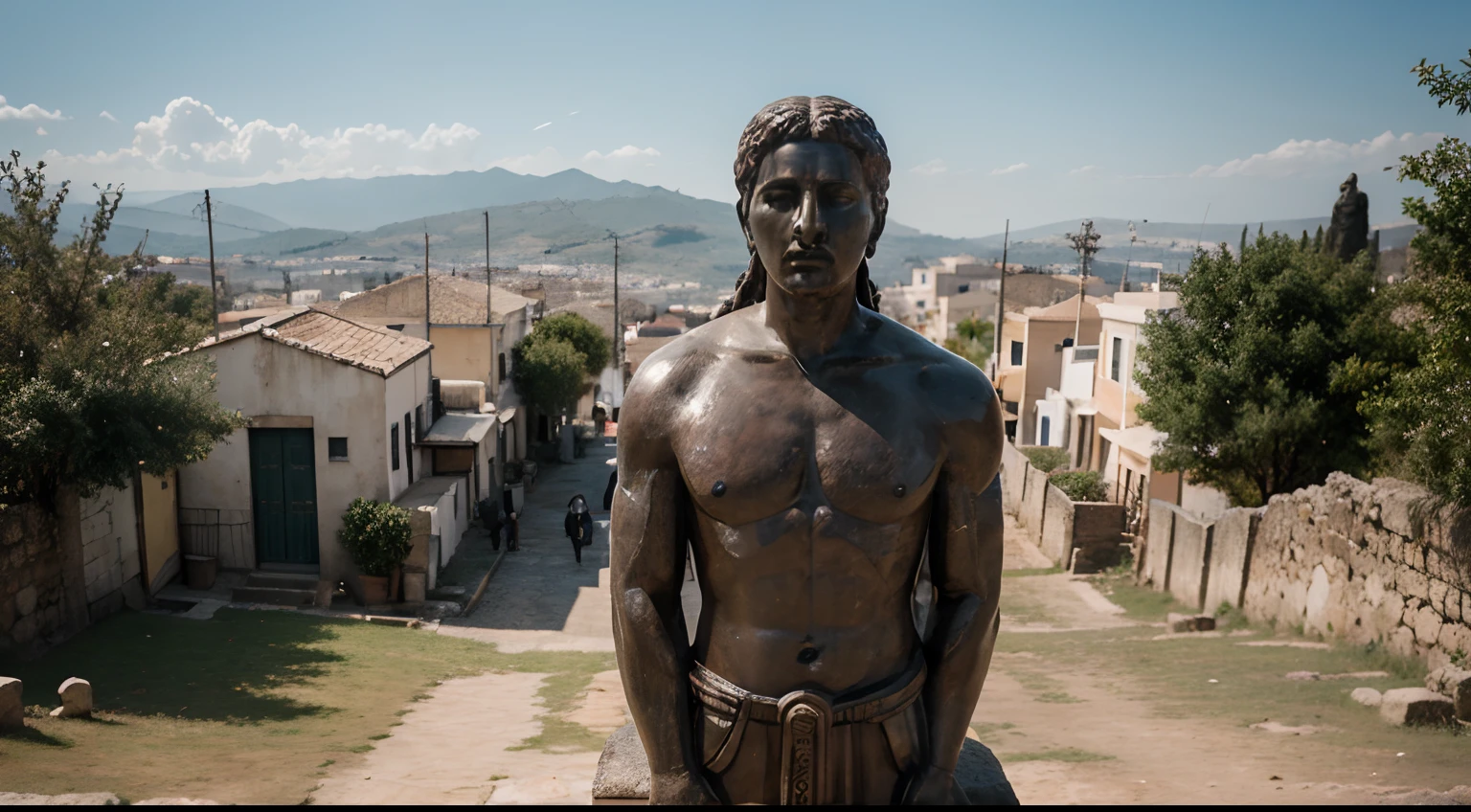 Ancient Stoic Statue With Very Angry Expression, tem barba, muitos detalhes em ambos os olhos, Outside, fundo atenas grego, open sky, com rosto extremamente detalhado full body view, Colors with low saturation with dark tone, Filmado em Sony A7S III com Sony FE 35mm f/1.8, 12.1 MP, --AR 3:2 --estilo cru