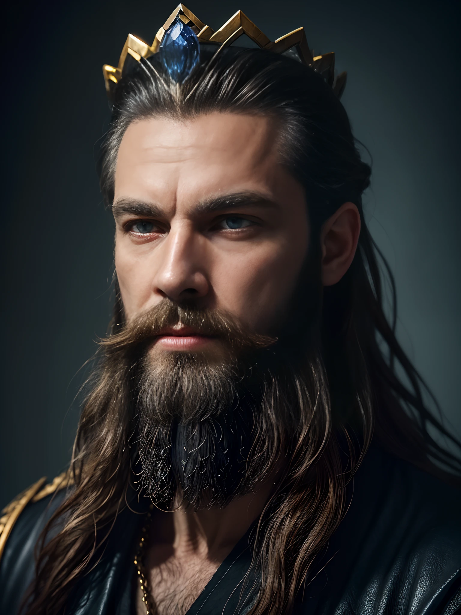 Immerse yourself in a world of magic and mystery as you gaze upon this breathtaking digital portrait of a man with flowing locks and a majestic beard, reminiscent of the legendary figure of Slav god Perun. 50-yo, His piercing sapphire eyes seem to hold a thousand secrets, while a runic crown  rests upon his head, adding a touch of haunting beauty to the image.