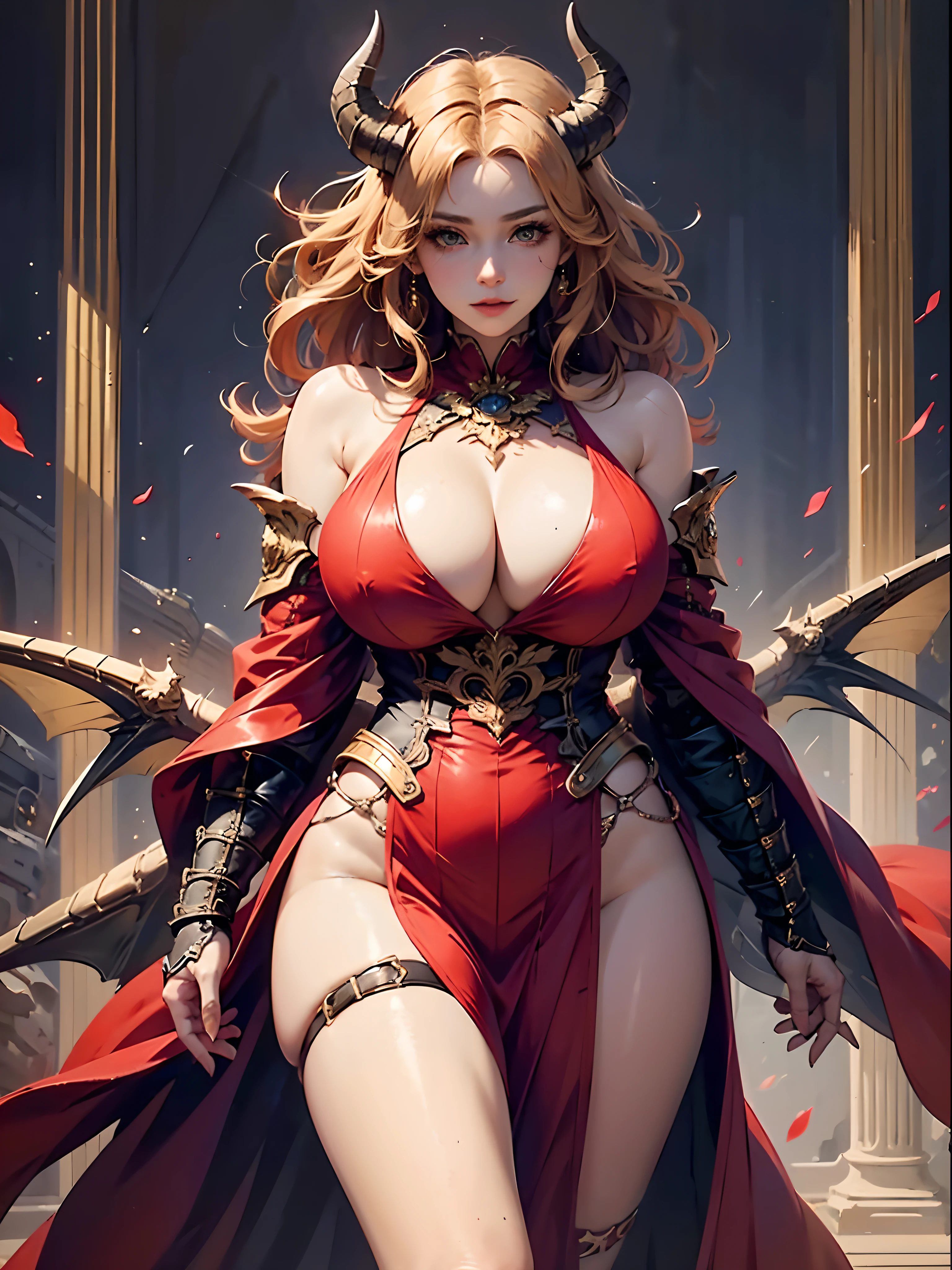 1girl, cowboy shot of a beautiful female dragonborn in red battle-dress-gown, pinkish skinned, a pair draconic wings, draconic horns, red-gold-blonde haired, wavy hair, wide waist and huge buttocks, thigh gap, masterpiece, best quality, 8k