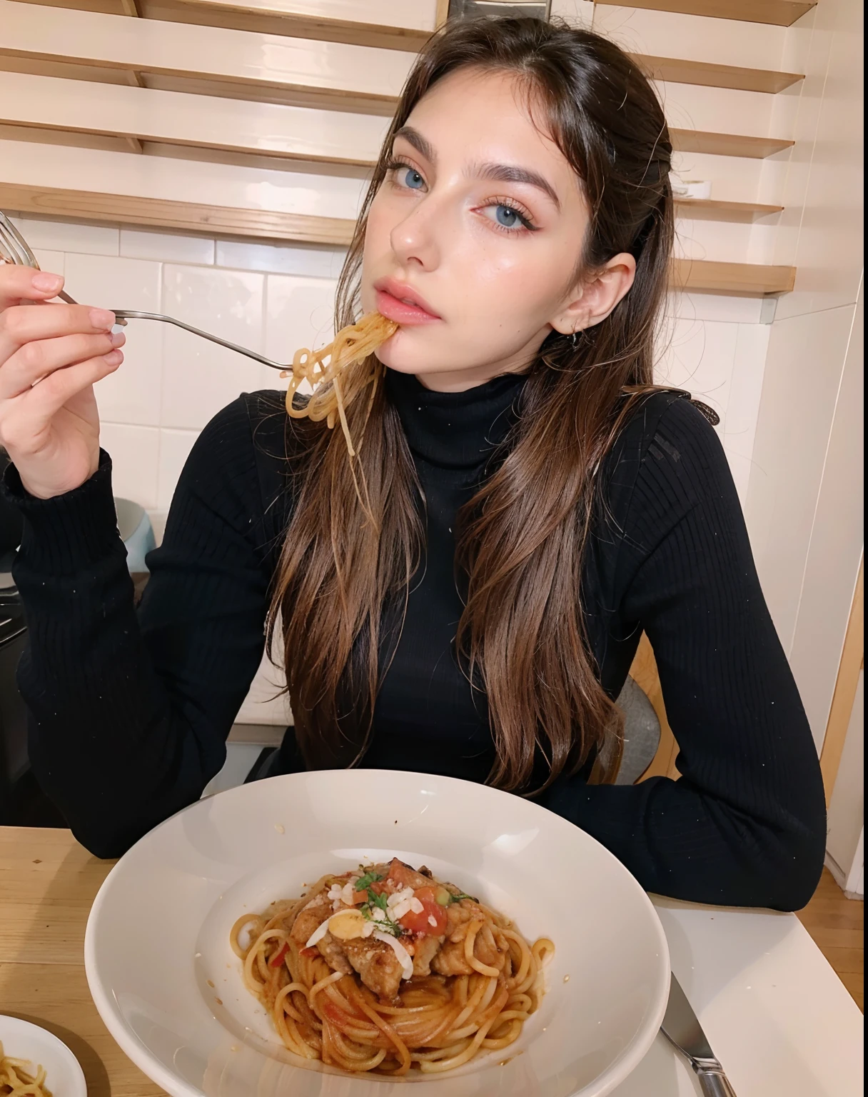 Gaia Nobile, 18 years old, blue eyes brown hair, (hyper realistic messy hair, ponytail, hair around) hyper realistic and natural skin, skin imperfections1.33, 
eating pasta with fork in front of her at a table, eats pasta all the time, eating spaghetti, eating spaghetti from a bowl, italian looking, mukbang, eating noodles, slurping spaghetti, spaghetti, spaghetti hair, Photo taken with Canon EOS 35mm