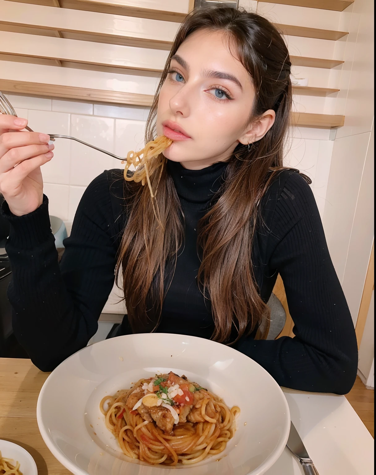 Gaia Nobile, 18 years old, blue eyes brown hair, (hyper realistic messy hair, ponytail, hair around) hyper realistic and natural skin, skin imperfections1.33,
eating pasta with fork in front of her at a table, eats pasta all the time, eating spaghetti, eating spaghetti from a bowl, italian looking, mukbang, eating noodles, slurping spaghetti, spaghetti, spaghetti hair, Photo taken with Canon EOS 35mm