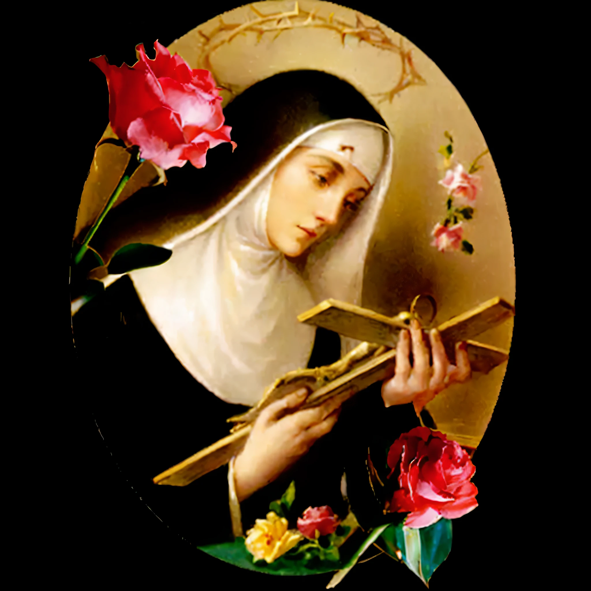 um close up de uma pintura de uma freira segurando uma cruz, majestosa mulher de santo, santa mulher, christian saint rosace, christian saint, padroeiro do 🛸🌈👩🏾, santo, mother sarah artist, Retrato gracioso santo, Retrato de Hildegard von Bingen, santas mulheres, inspired by Thomas Aquinas Daly, agora, Directed by: Thomas Aquinas Daly