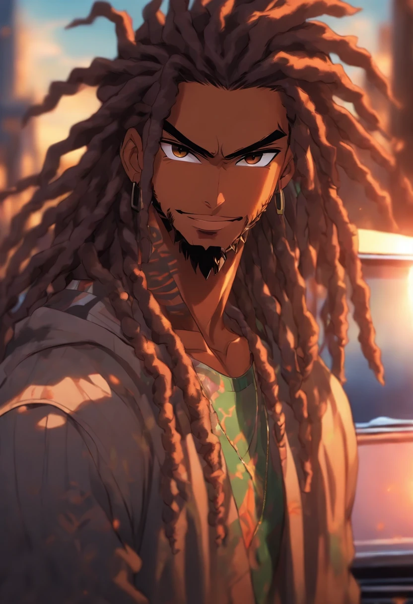 mixed raced man standing next to a car, friendly smile, brown eyes, long black locs, high resolution