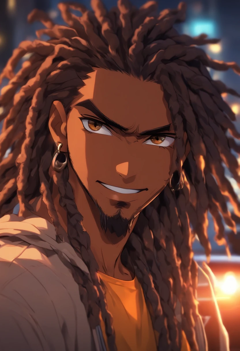 mixed raced man standing next to a car, friendly smile, brown eyes, long black locs, high resolution