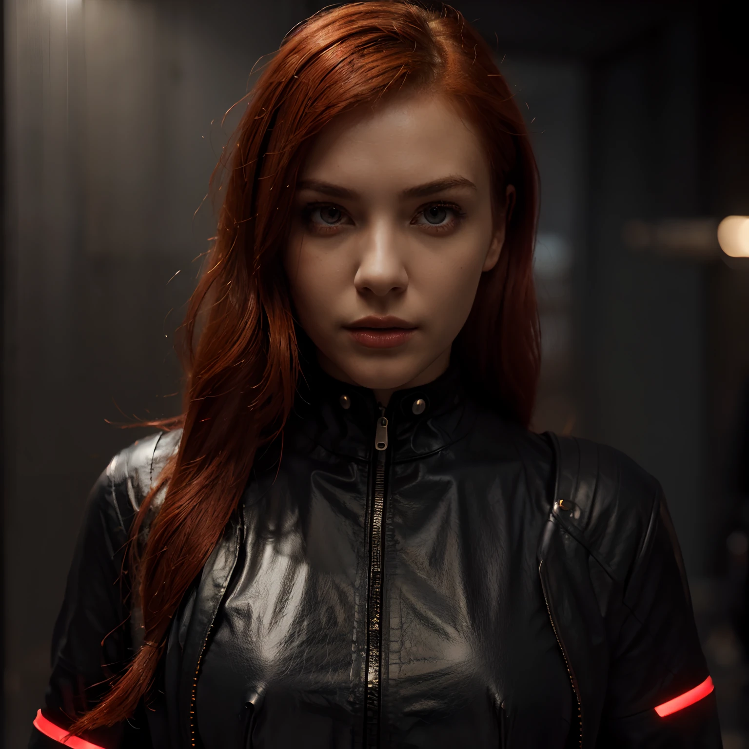 1girl, soft red lighting, (red hair:1.1), black leather suit, futuristic background, tech background, hyperrealistic, detailed eyes and lips, sleek, dynamic sexy pose, full body shot, cyberpunk style,