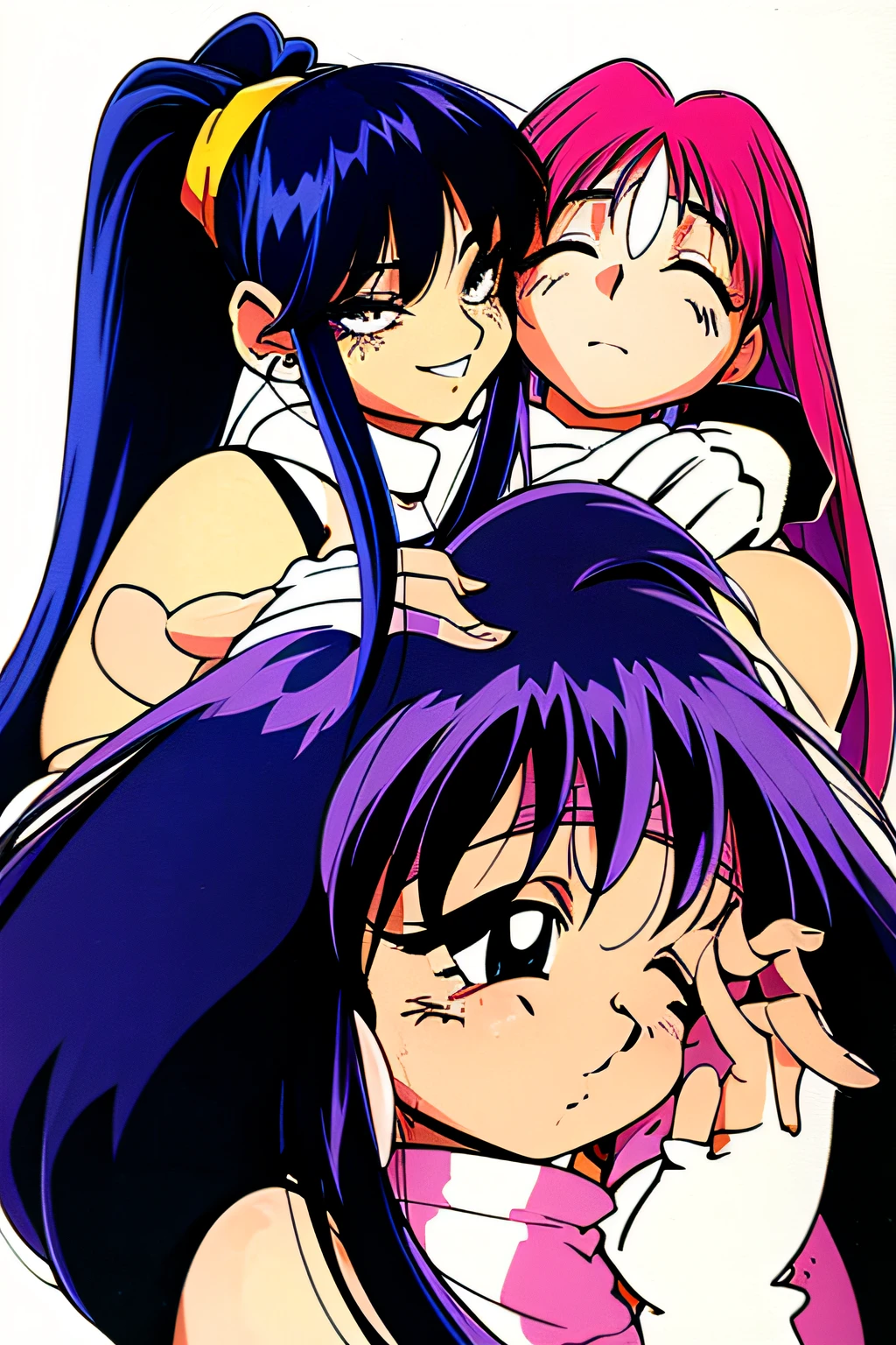 girl with black hair with blue locks, blue eyes and blue horns fighting a girl with curly red hair and green eyes 