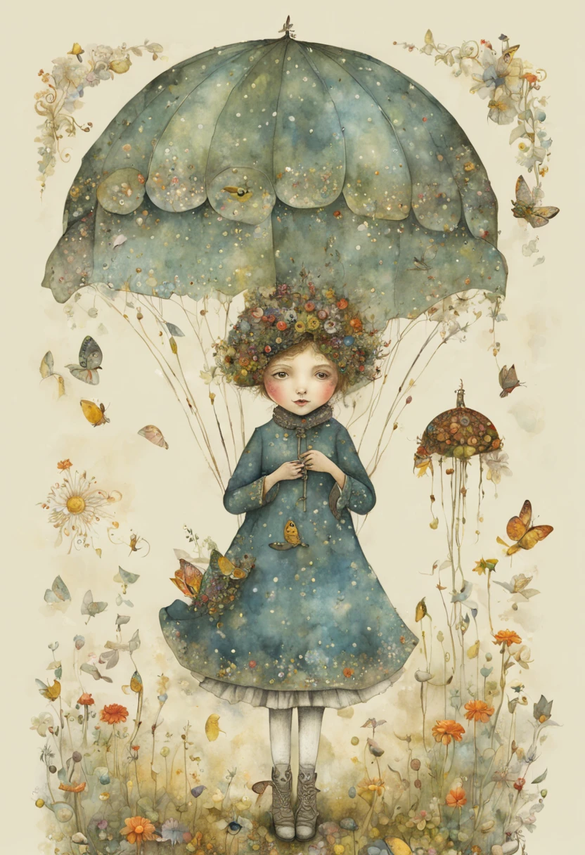 "magical whimsical illustration of a hand painted illustration of a sympahatetic character in the world of tomorrows futures past, high resolution, fine detailed textures in the mix style of Jane Crowther - BAHMAN - Iris Esther"