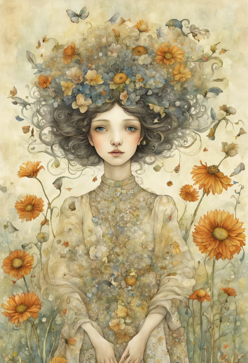 "magical whimsical illustration of a hand painted illustration of a sympahatetic character in the world of tomorrows futures past, high resolution, fine detailed textures in the mix style of Jane Crowther - BAHMAN - Iris Esther"