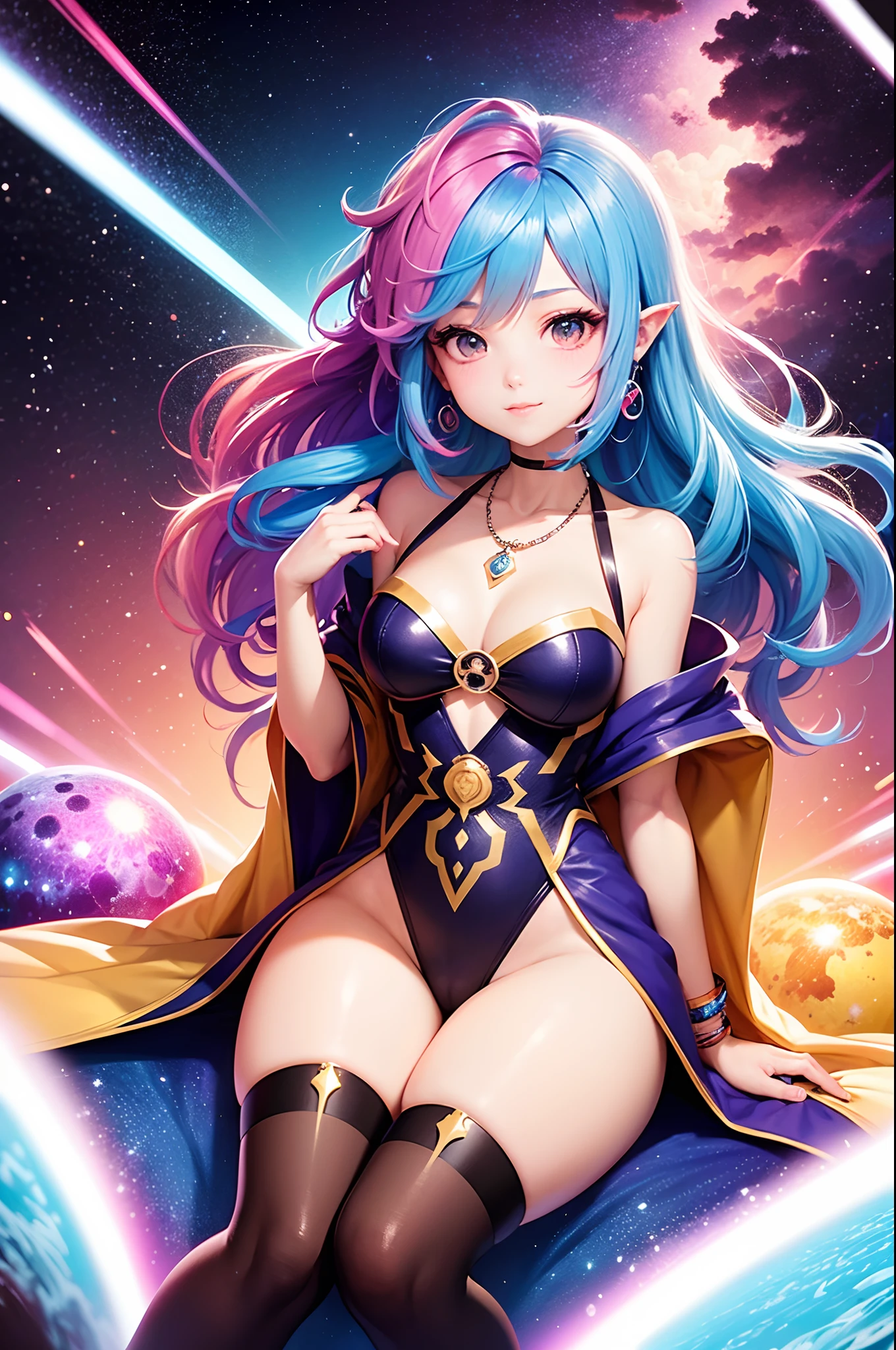 Close-up of a woman with colorful hair and necklace, anime girl with cosmic hair, Rossdraws' soft vibrancy, Gouviz-style artwork, fantasy art style, colorful], vibrant fantasy style, Rossdraws cartoon full of energy, cosmic and colorful, Guweiz, colorful digital fantasy art, stunning art style, beautiful anime style, white skin, night coat, sitting in chair