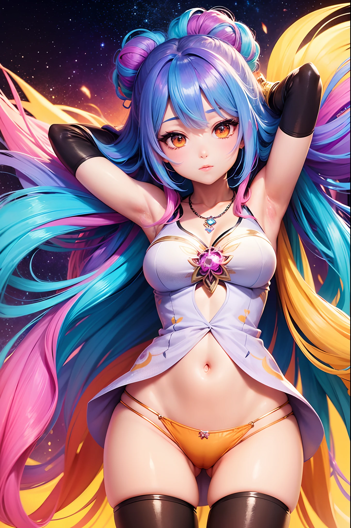 Close-up of a woman with colorful hair and necklace, anime girl with cosmic hair, Rossdraws' soft vibrancy, Gouviz-style artwork, fantasy art style, colorful], vibrant fantasy style, Rossdraws cartoon full of energy, cosmic and colorful, Guweiz, colorful digital fantasy art, stunning art style, beautiful anime style, white skin, night coat, hands behind head