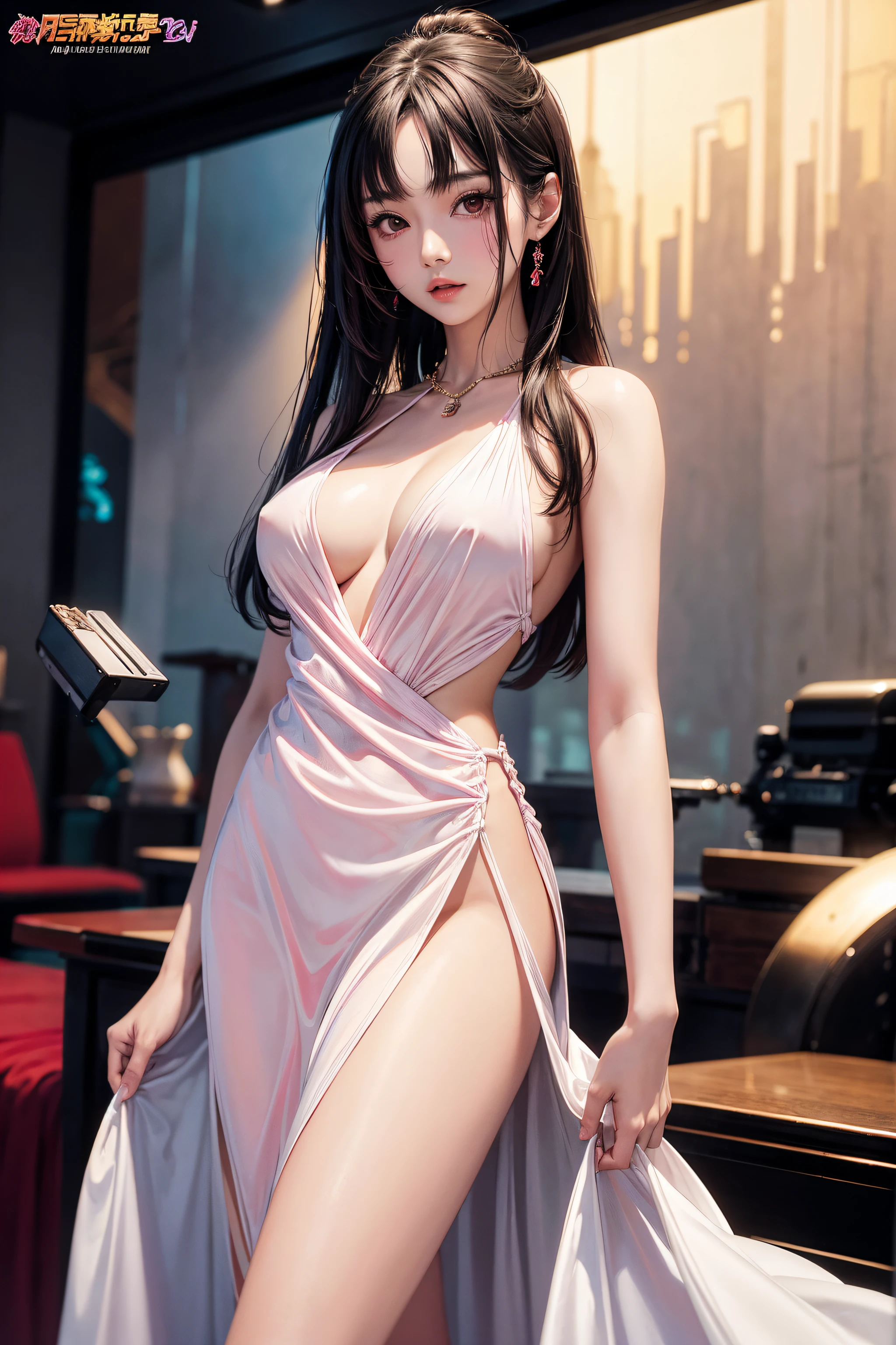 very hot sexy asian girl, half naked boobs expose, Satin slip dressMovie theater, vibrant