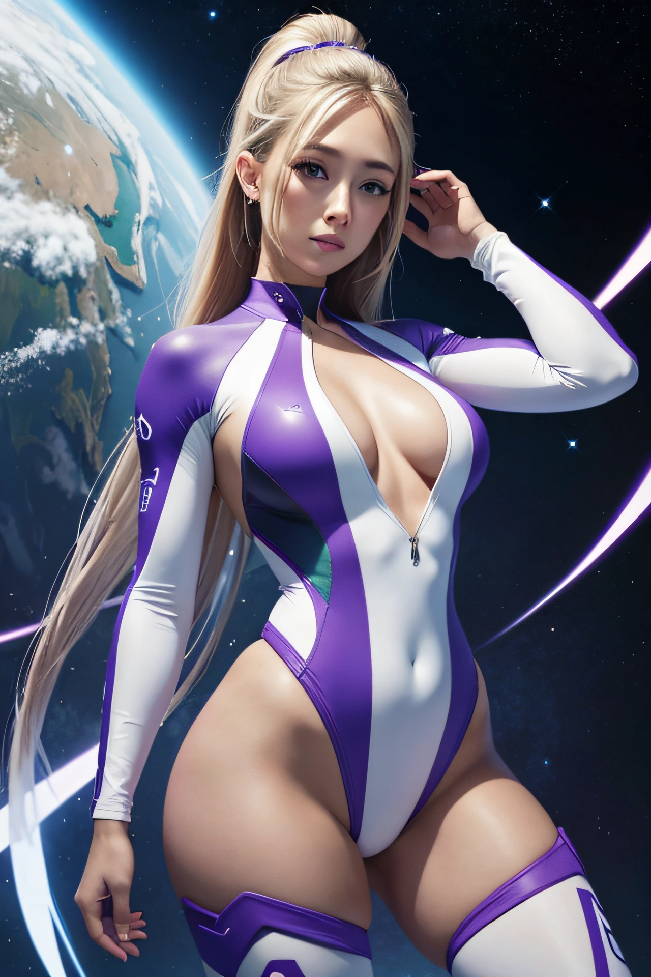 AJ Applegate | Arte Vetorial | segurando uma arma | Look at the camera | Corpo inteiro | standing | poses sensual | Cabelos longos | Swinsuit white and purple | flying in the space | luz azul predominante | high definition | ALTOS DETALHES | ESTILO Grafico | TRAJES FUTURISTA | Max Resolution | Arte vetorial