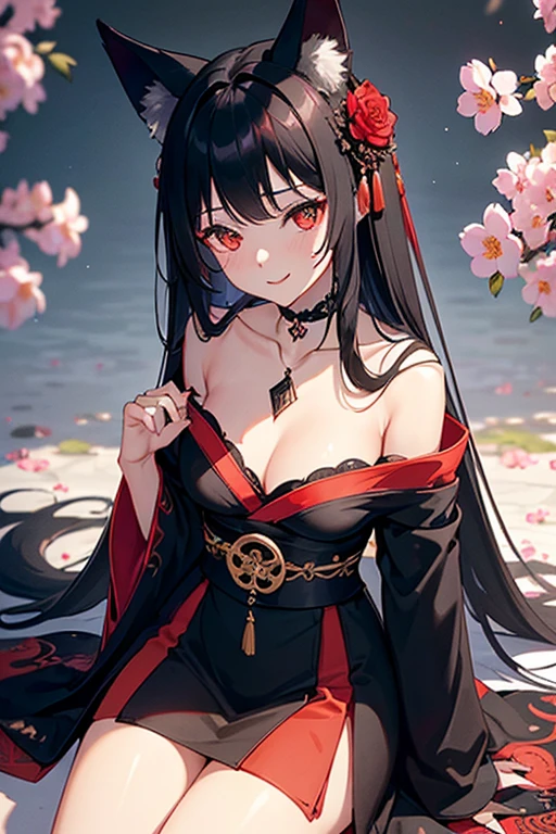 (extremely detailed CG unity 8k wallpaper), (((ultra-detailed))), ((extremely detailed)), (((best illustration))), best illumination, ((extremely delicate and beautiful)), ((an extremely delicate and beautiful girl)), colorful, re sakura trees, park, (((colorful flowers))), blood particles, ((1 girl, solo)), {{finely detailed beautiful eyes and detailed face}}, smile, long hair, (((black hair))), red eyes, beautiful detailed eyes, mature female, slender, medium breast, black red fox ears, (black red fox tail), (((intricate details))), (Black and red knee-length kimono dress), black knee thighs, medium height black boots with medium heel, ((black choker with red pendent)), lycoris flower birthmark on neck sitting, bishoujo, 19_years_old,