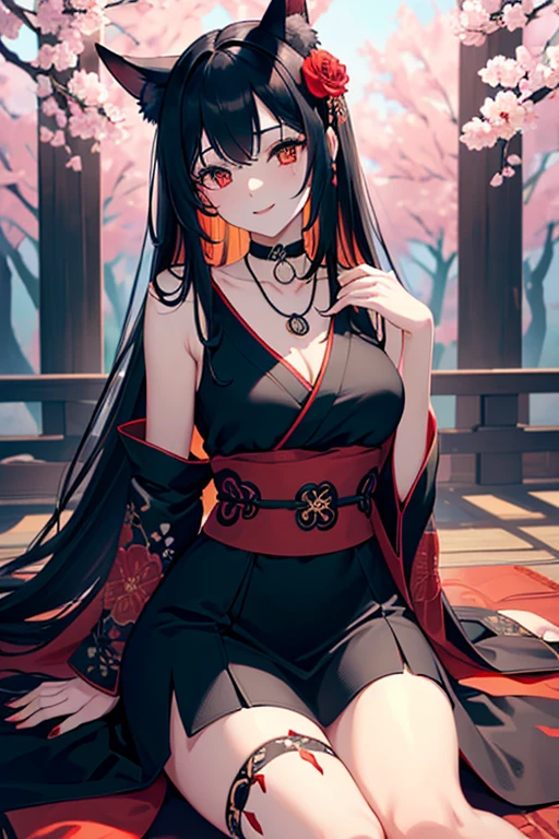 (extremely detailed CG unity 8k wallpaper), (((ultra-detailed))), ((extremely detailed)), (((best illustration))), best illumination, ((extremely delicate and beautiful)), ((an extremely delicate and beautiful girl)), colorful, re sakura trees, park, (((colorful flowers))), blood particles, ((1 girl, solo)), {{finely detailed beautiful eyes and detailed face}}, smile, long hair, (((black hair))), red eyes, beautiful detailed eyes, mature female, slender, medium breast, black red fox ears, (black red fox tail), (((intricate details))), (Black and red knee-length kimono dress), black knee thighs, medium height black boots with medium heel, ((black choker with red pendent)), lycoris flower birthmark on neck sitting, bishoujo, 19_years_old,
