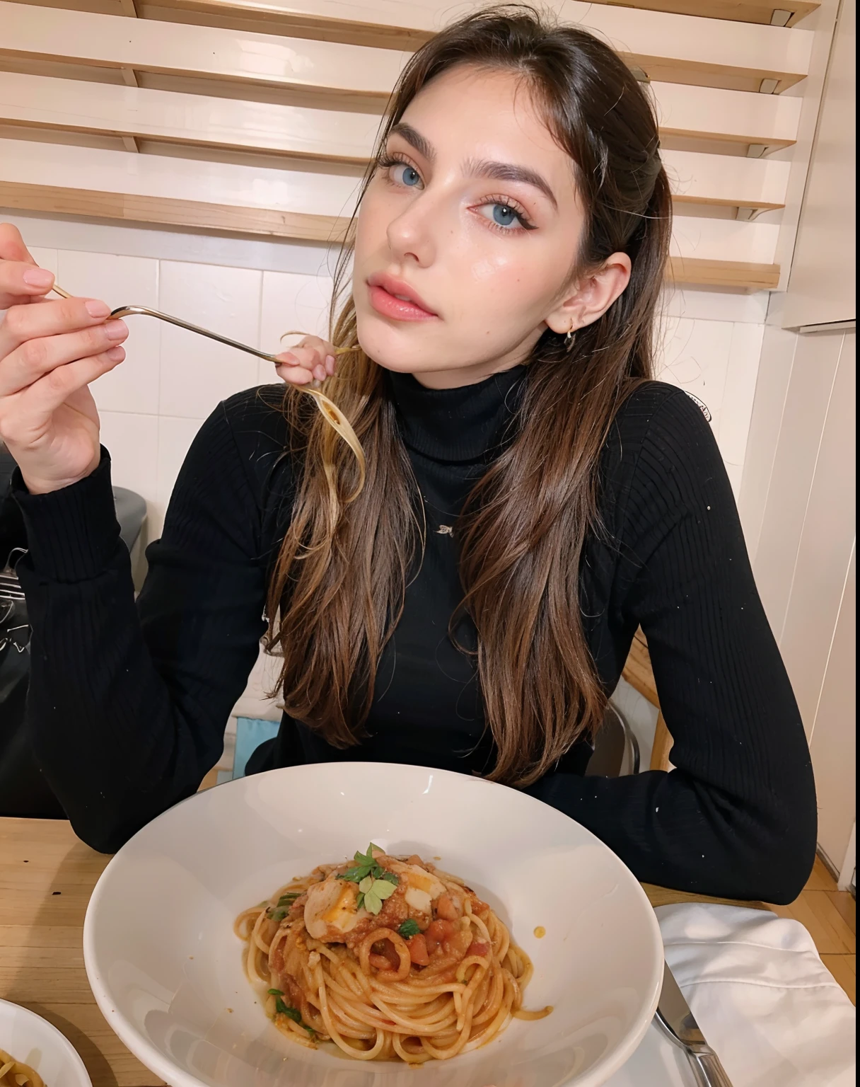 Gaia Nobile, 18 years old, blue eyes brown hair, (hyper realistic messy hair, ponytail, hair around) hyper realistic and natural skin, skin imperfections1.33, 
eating pasta with fork in front of her at a table, eats pasta all the time, eating spaghetti, eating spaghetti from a bowl, italian looking, mukbang, eating noodles, slurping spaghetti, spaghetti, spaghetti hair, Photo taken with Canon EOS 35mm