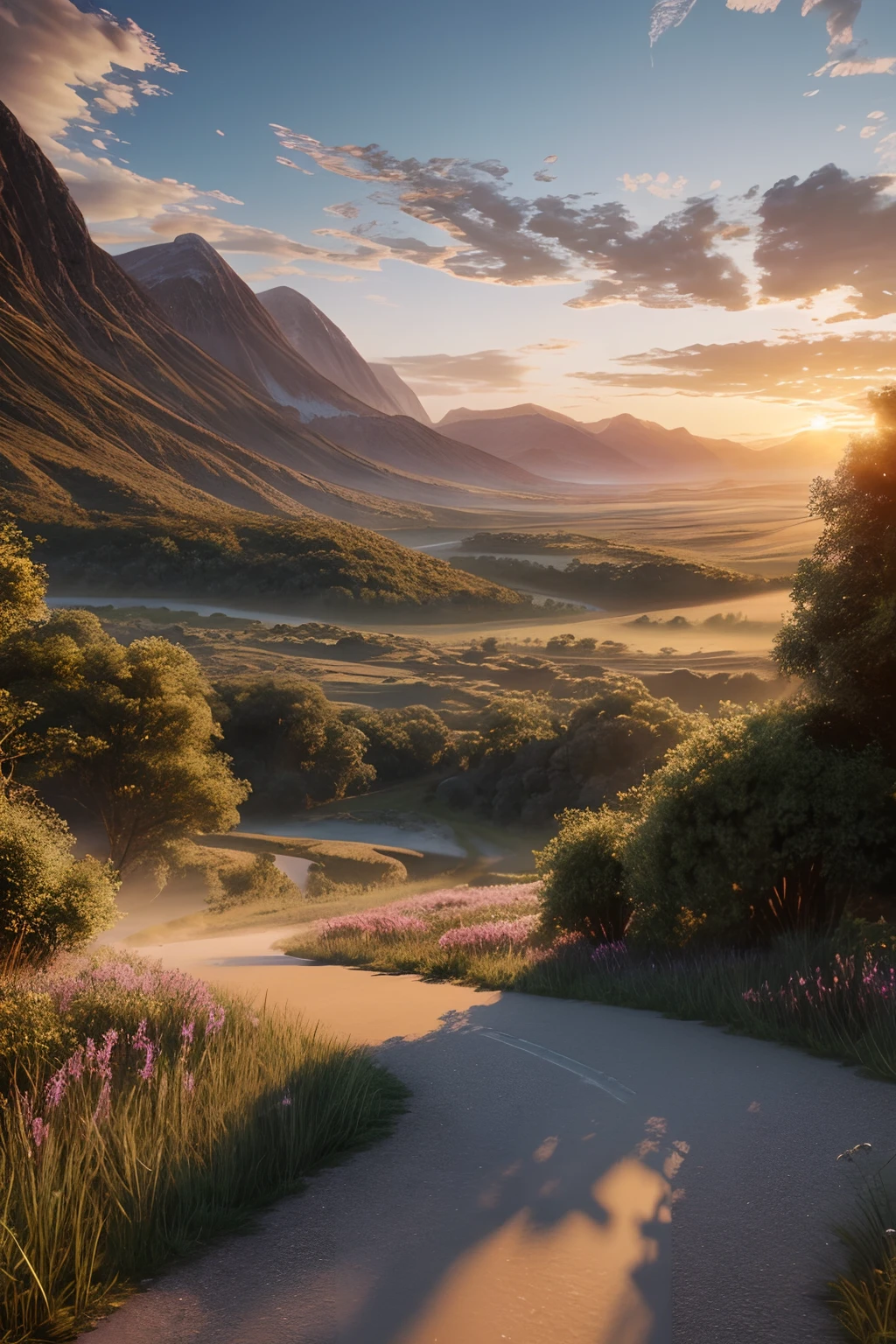 Magnificent landscape at dawn, breathtaking, soft pastel colours, highly detailed, intricate, path tracing, illustration, insanely detailed, shadow mapping volumetric light, specular lighting