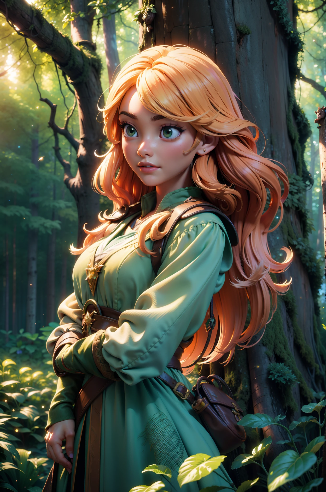 A masterpiece captures a beautiful long-haired girl dressed in guild adventurer attire.  She finds herself in an enchanting forest setting, interacting with the elements of the environment.  The foreground is filled with bright, blurred leaves, beautiful colorful flowers and fireflies.  The background scenery features glowing bushes, grasses, flowers, luminous trees and squirrels on the ground.  The beautiful girl with long hair and adventurous clothes is also part of this plan.  The background is composed of a dense dark green forest.  The composition is three-dimensional, providing ultra-high quality, maximum 16K resolution and anime style.  3D perspective is emphasized to create a dynamic and natural work of art.  The camera uses dynamic angles to masterfully capture the scene, enhancing the ethereal atmosphere.  Soft lighting, with cinematic touches, lends a touch of magic to the scene, while elements such as blue, green and yellow luminosity, softness and particles add a creative and dynamic touch.  The mineral tone, octane rendering and professional post-production add a unique and sophisticated style to the scene.