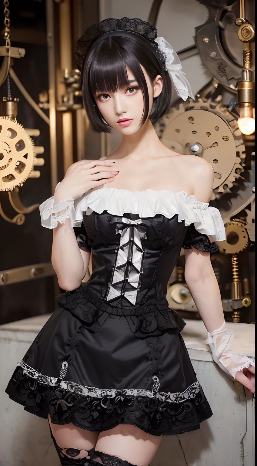 (((masutepiece, of the highest quality, super detailed))), One female, (((very slender body))) , (((long, thin legs))), (((short black bob, thick puffy bangs ))), (((Very detailed face))), Cosmetics free, small thin nose, small thin mouth, (((Very sharp focused eyes))), Large slit precision pale grey eyes, Shining like a jewel, long eyelashes, ((Highly decorative and complex mechanical steampunk fashion, Lace flared skirt, Lace stockings above the knee, Lace Off Shoulder Lolita Fashion, Overly decorative fashion)), Abandoned Night, Intricately mechanized steampunk factory burns and explodes, (((Overall accuracy has been significantly improved, Create ultra-detailed and realistic images))), hyper realistic photography.