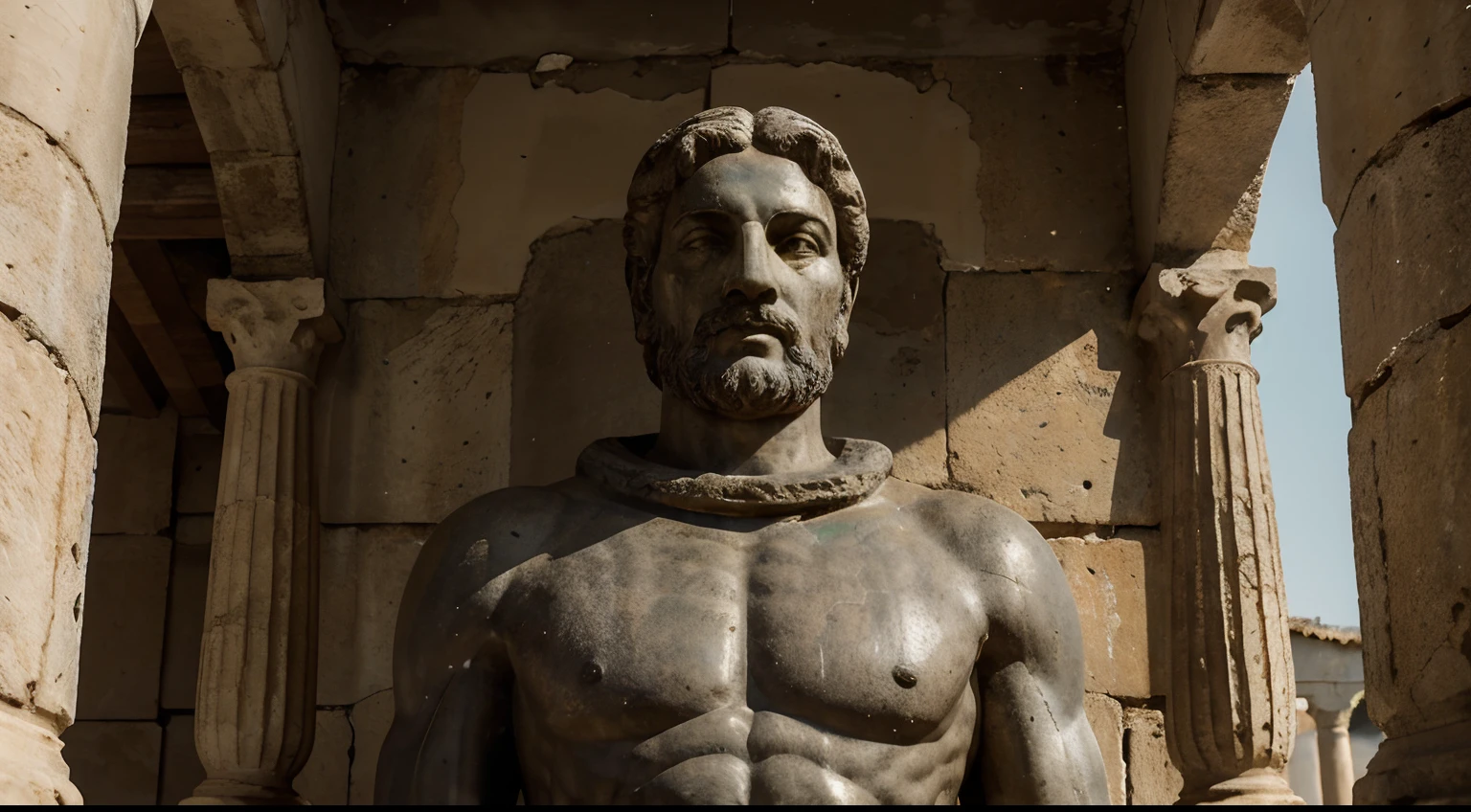 Ancient Stoic Statue With Very Angry Expression, tem barba, muitos detalhes em ambos os olhos, Outside, fundo atenas grego, open sky, com rosto extremamente detalhado full body view, Colors with low saturation with dark tone, Filmado em Sony A7S III com Sony FE 35mm f/1.8, 12.1 MP, --AR 3:2 --estilo cru