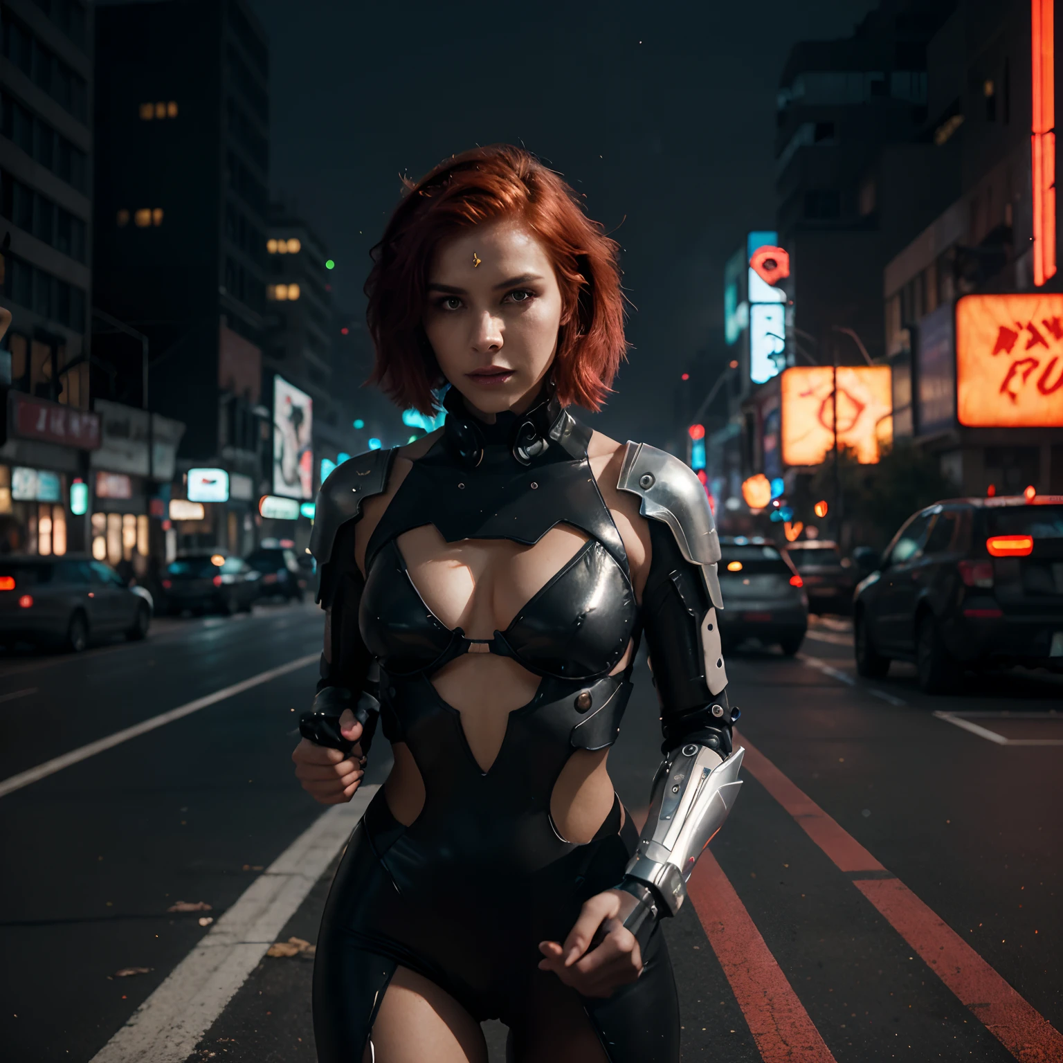 In a dystopian cyberpunk world, a futuristic girl with vibrant crimson hair stands defiantly against a backdrop of neon-soaked chaos. Her eyes, sharp as lasers, pierce through the smog-filled air, reflecting the flickering lights of holographic billboards. Adorned in sleek, high-tech armor adorned with circuitry patterns, she exudes an aura of strength and resilience.
Her red hair flows like molten lava, contrasting vividly against the metallic grays of the urban landscape. A cybernetic implant on her temple glows with an otherworldly hue, hinting at her enhanced abilities. With a determined expression, she clutches a pulsating energy weapon, its glow casting an eerie glow on her face.
Behind her, towering skyscrapers loom, their jagged edges reaching for the smog-obscured sky. The cityscape is a cacophony of flickering neon signs, holographic projections, and drifting clouds of synthetic fog. In the distance, flying cars dart between buildings, leaving trails of light in their wake.
This enigmatic futuristic girl embodies the spirit of rebellion and technological prowess in a world where the line between human and machine blurs, creating a mesmerizing and visually striking scene.