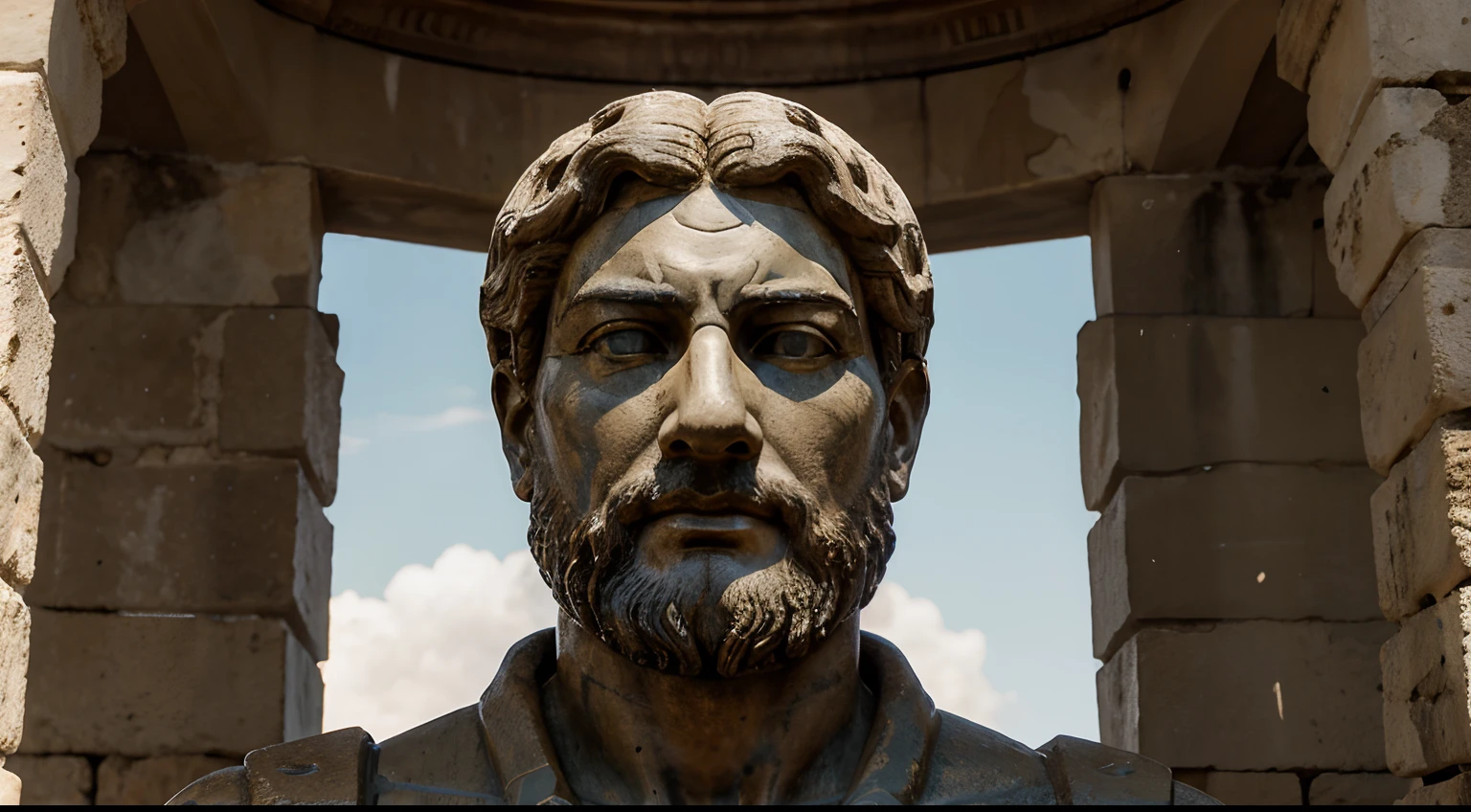 Ancient Stoic Statue With Very Angry Expression, tem barba, muitos detalhes em ambos os olhos, Outside, fundo atenas grego, open sky, com rosto extremamente detalhado full body view, Colors with low saturation with dark tone, Filmado em Sony A7S III com Sony FE 35mm f/1.8, 12.1 MP, --AR 3:2 --estilo cru