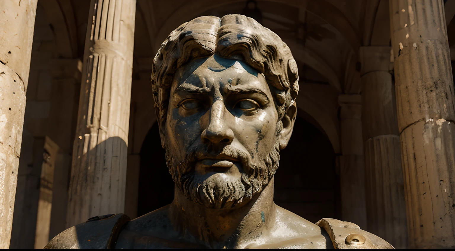Ancient Stoic Statue With Very Angry Expression, tem barba, muitos detalhes em ambos os olhos, Outside, fundo atenas grego, open sky, com rosto extremamente detalhado full body view, Colors with low saturation with dark tone, Filmado em Sony A7S III com Sony FE 35mm f/1.8, 12.1 MP, --AR 3:2 --estilo cru