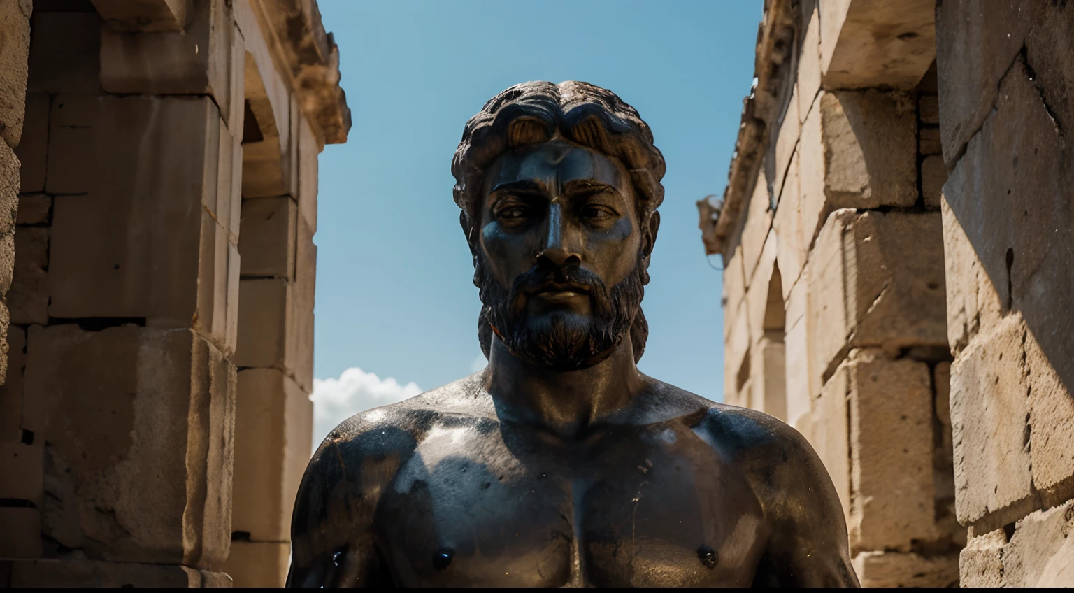Ancient Stoic Statue With Very Angry Expression, tem barba, muitos detalhes em ambos os olhos, Outside, fundo atenas grego, open sky, com rosto extremamente detalhado full body view, Colors with low saturation with dark tone, Filmado em Sony A7S III com Sony FE 35mm f/1.8, 12.1 MP, --AR 3:2 --estilo cru