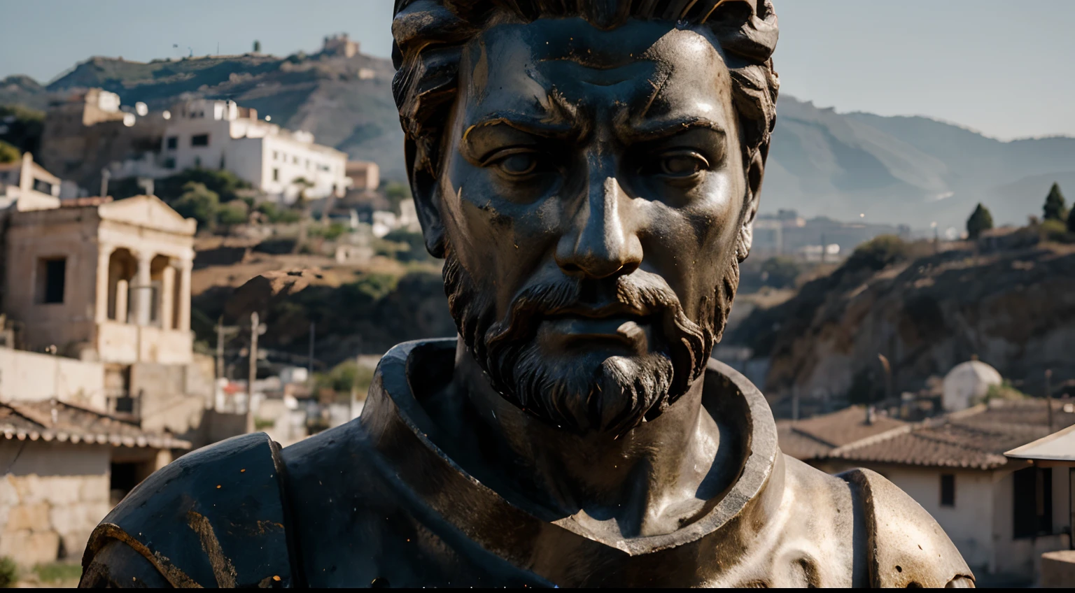 Ancient Stoic Statue With Very Angry Expression, tem barba, muitos detalhes em ambos os olhos, Outside, fundo atenas grego, open sky, com rosto extremamente detalhado full body view, Colors with low saturation with dark tone, Filmado em Sony A7S III com Sony FE 35mm f/1.8, 12.1 MP, --AR 3:2 --estilo cru